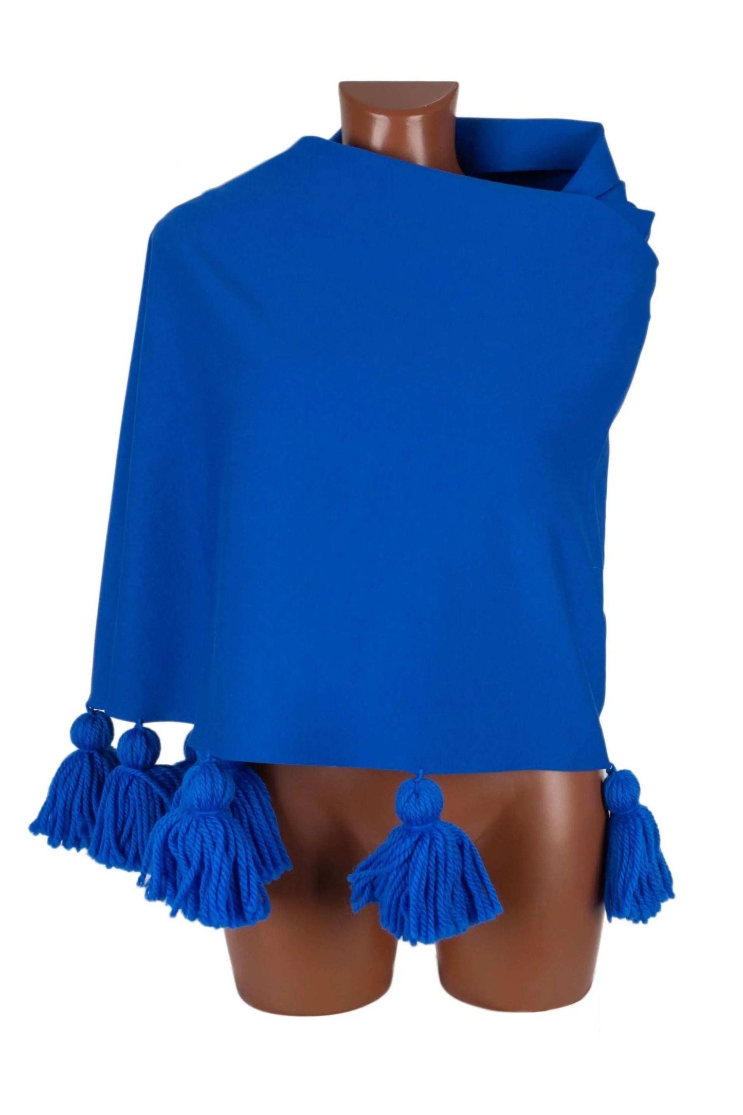 Mantella Vista Mare blue viscose poncho with merino wool tassels