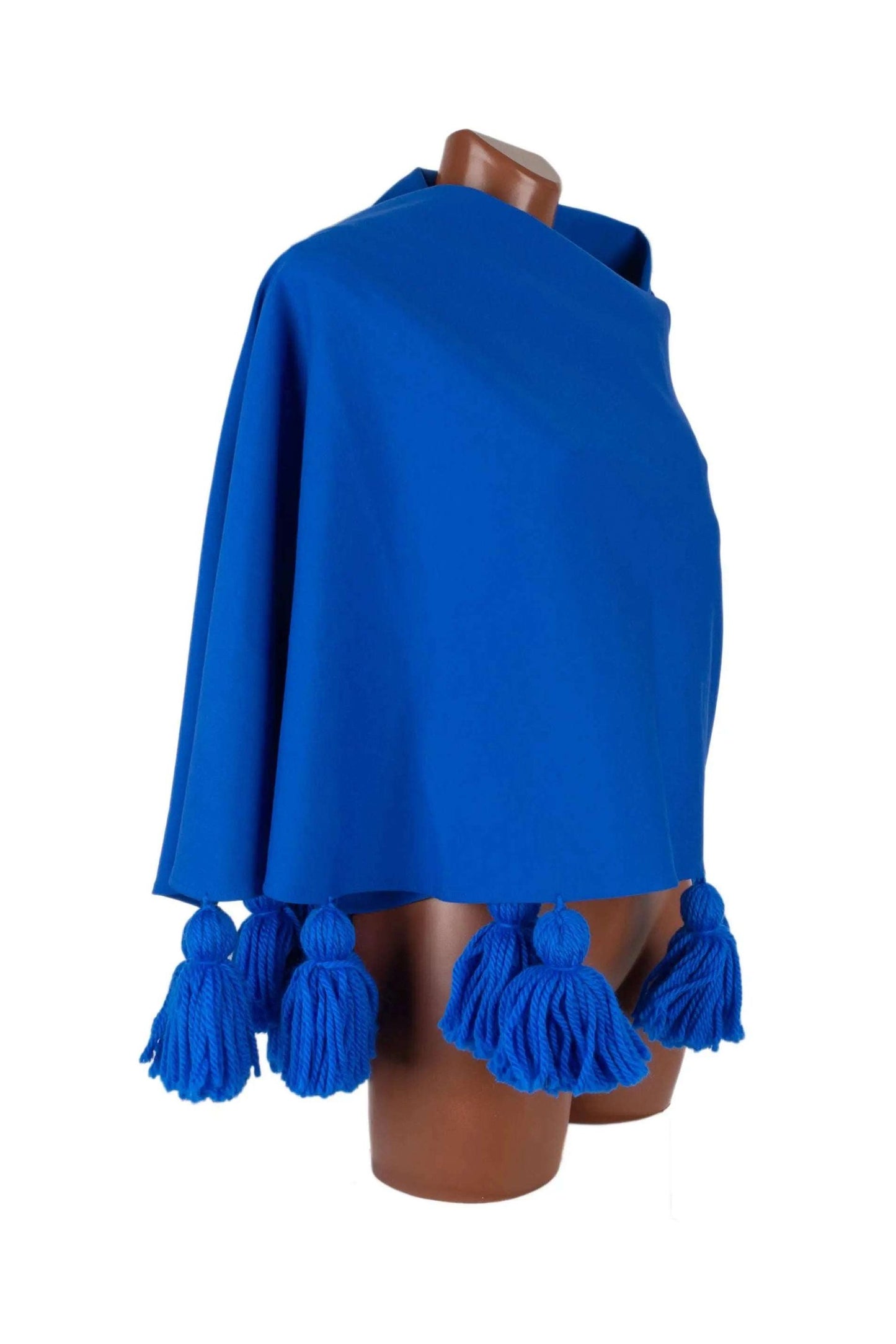 Blue Mantella Vista Mare with wool tassels made of viscose punto Milano fabric