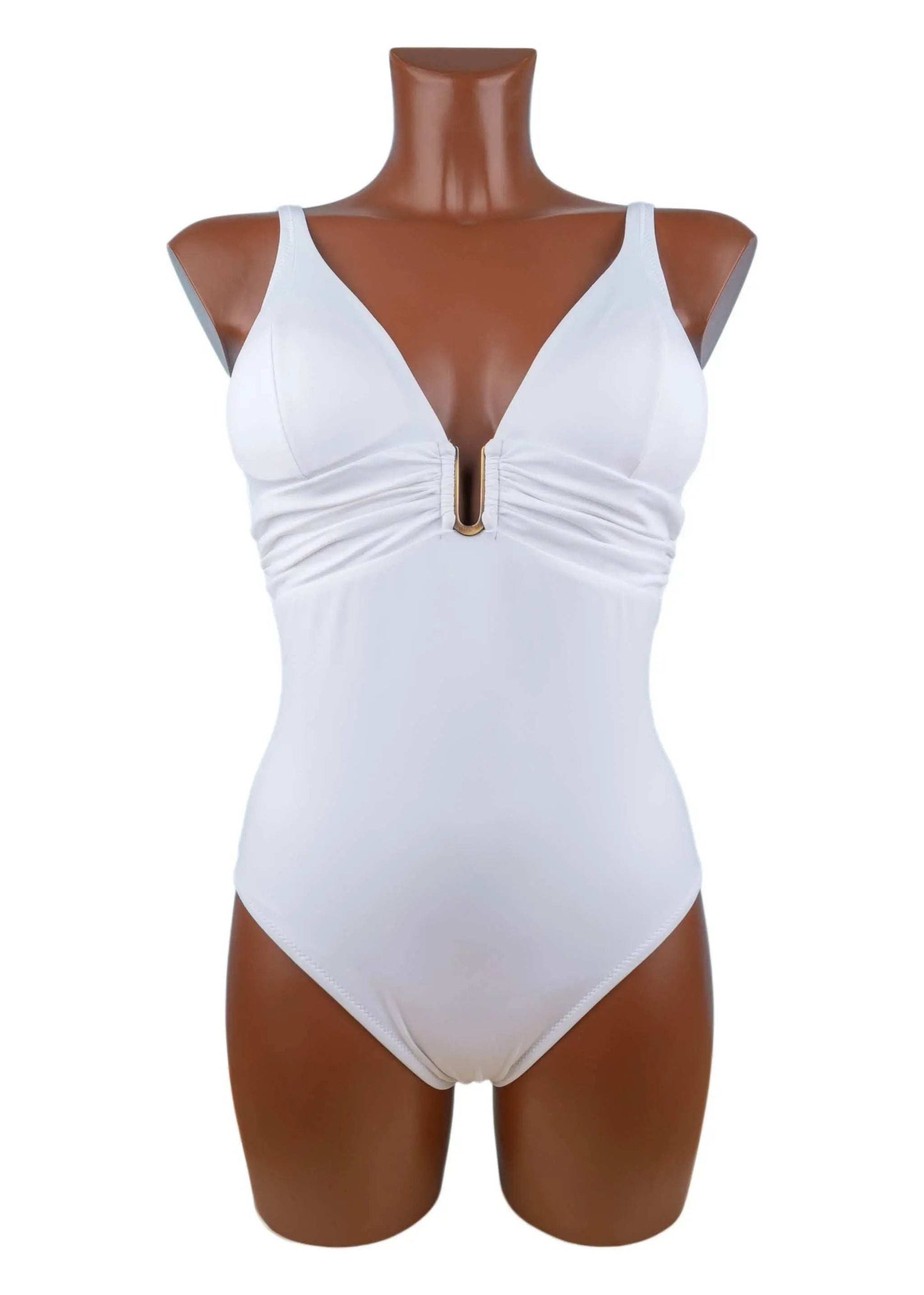 White Intero Roidal one-piece swimsuit with deep neckline and gathered underbust for support, size 44-46, nickel-free metal accessory
