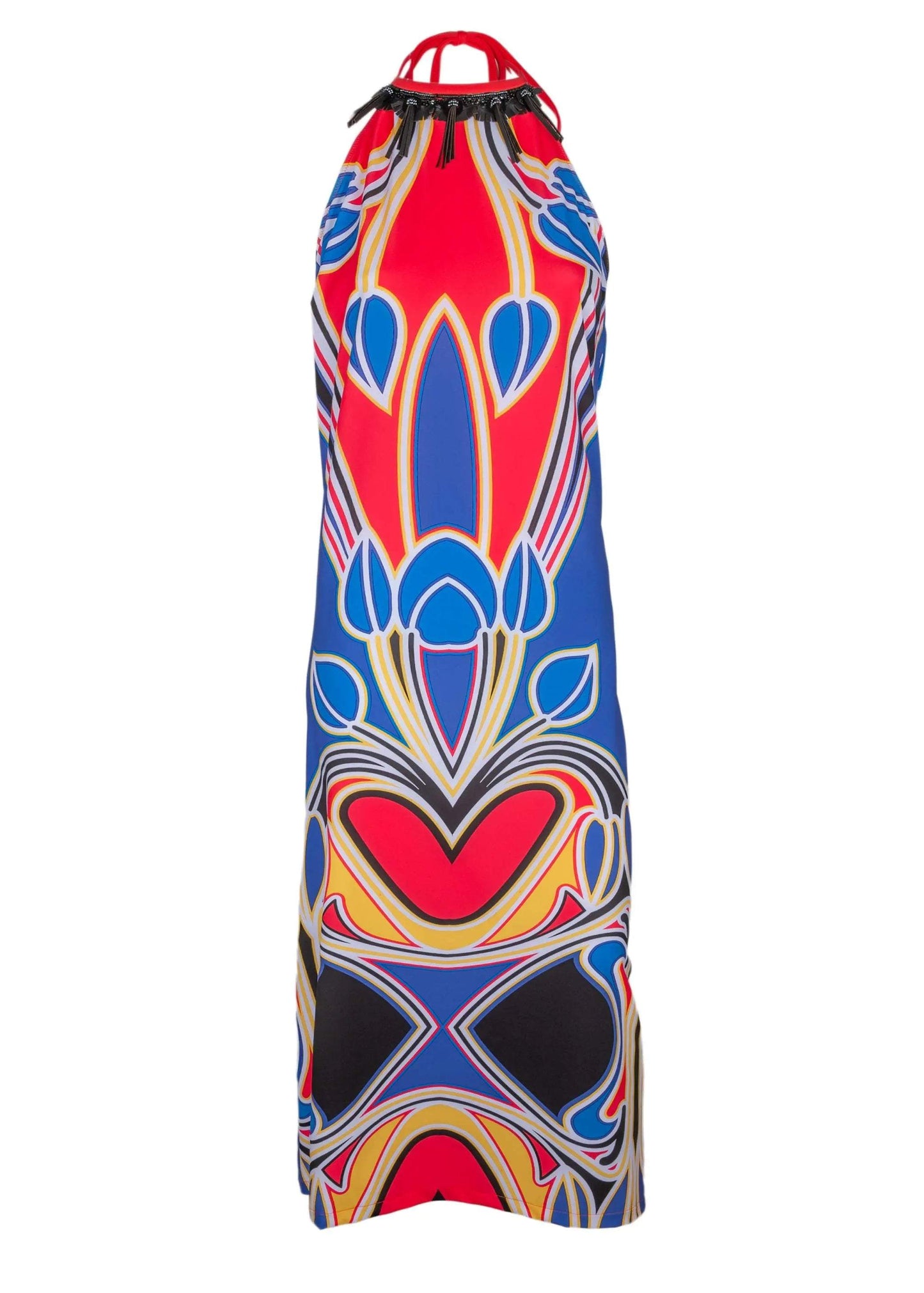 Abito Lungo Valery lycra dress with floral print and faux leather neck detail