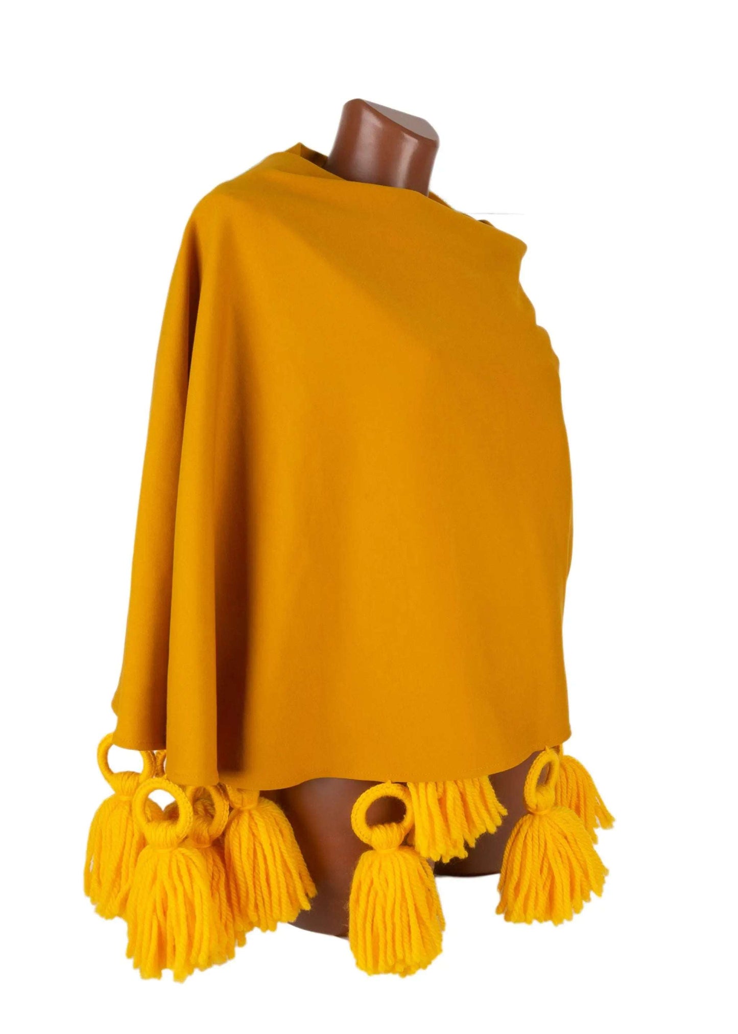 Mantella Vista Mare yellow ochre viscose poncho with merino wool tassels