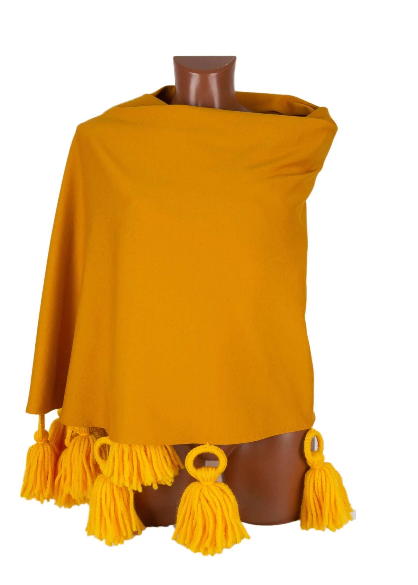 Yellow ocre Mantella Vista Mare wrap in viscose with merino wool tassels