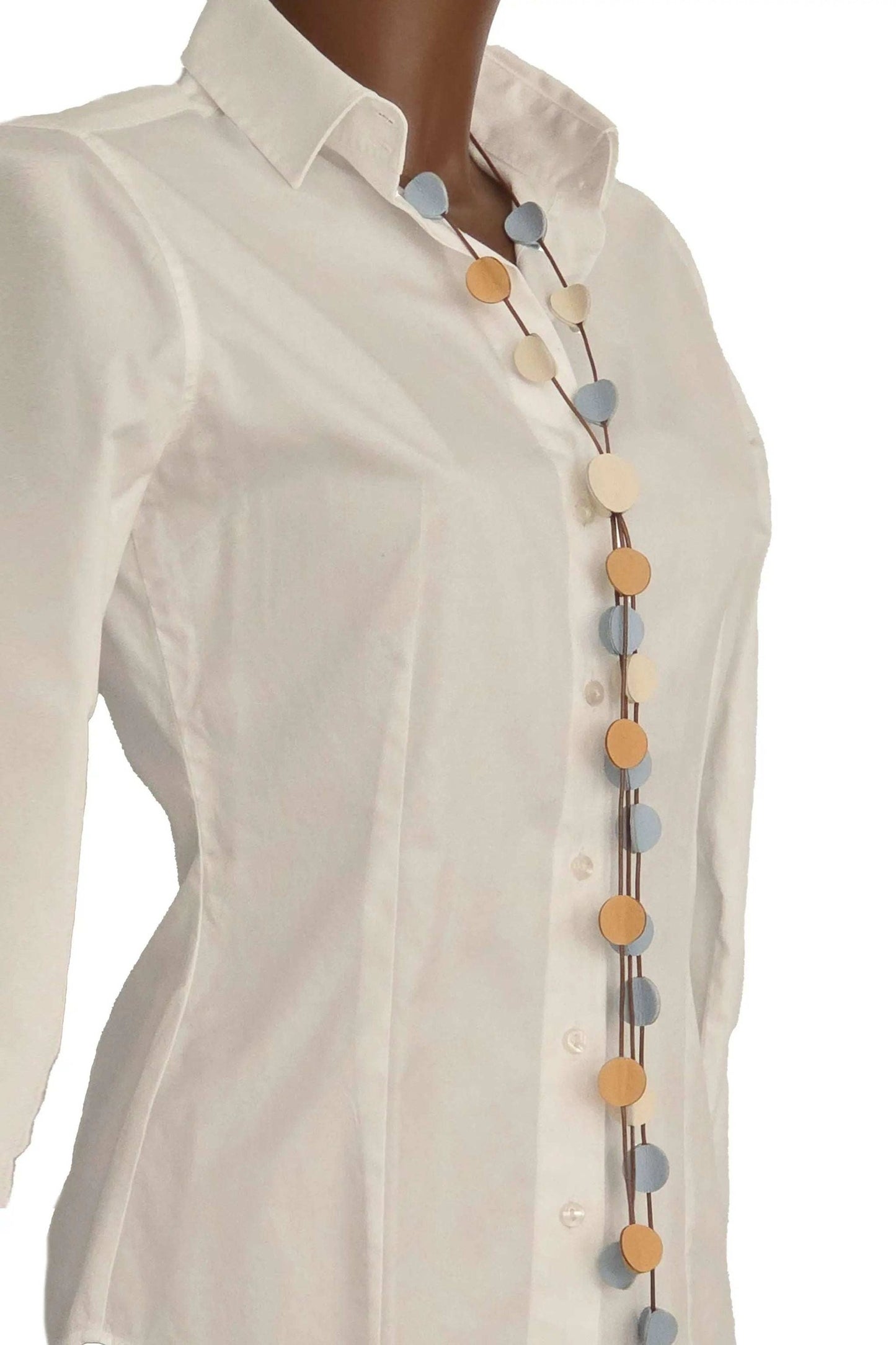 Collana 3D Clear Light handmade adjustable necklace with ivory, ochre, and sky colors on waxed cord and genuine leather