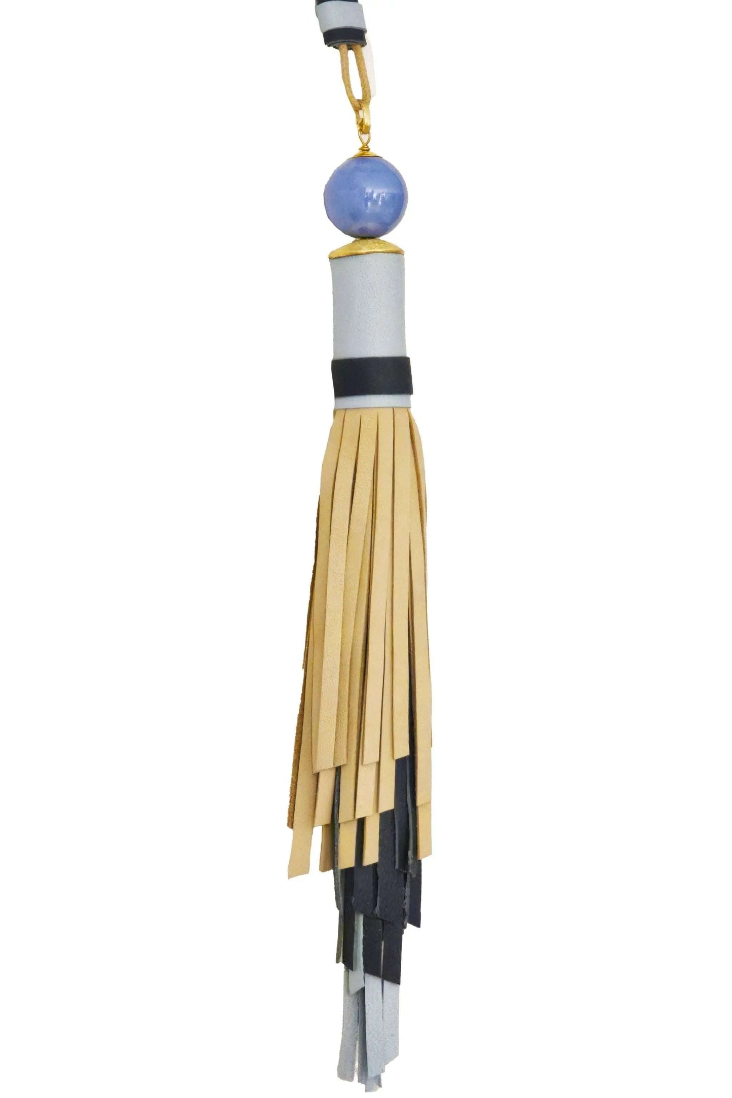 Collana Nappa Jewel handmade adjustable tassel necklace in powder and ivory colors with leather and ceramic details