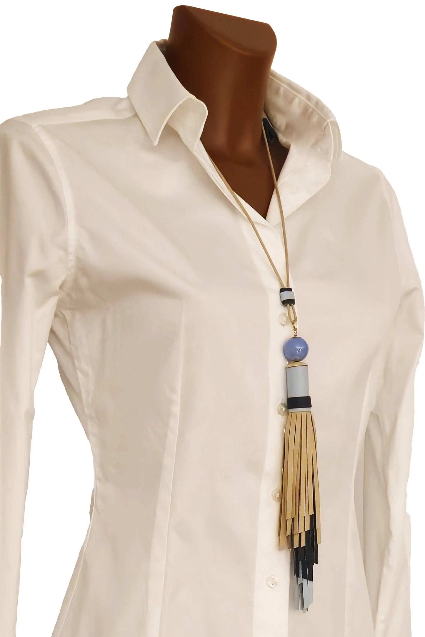 Adjustable Collana Nappa Jewel necklace with leather tassel and ceramic accessory in powder ivory color
