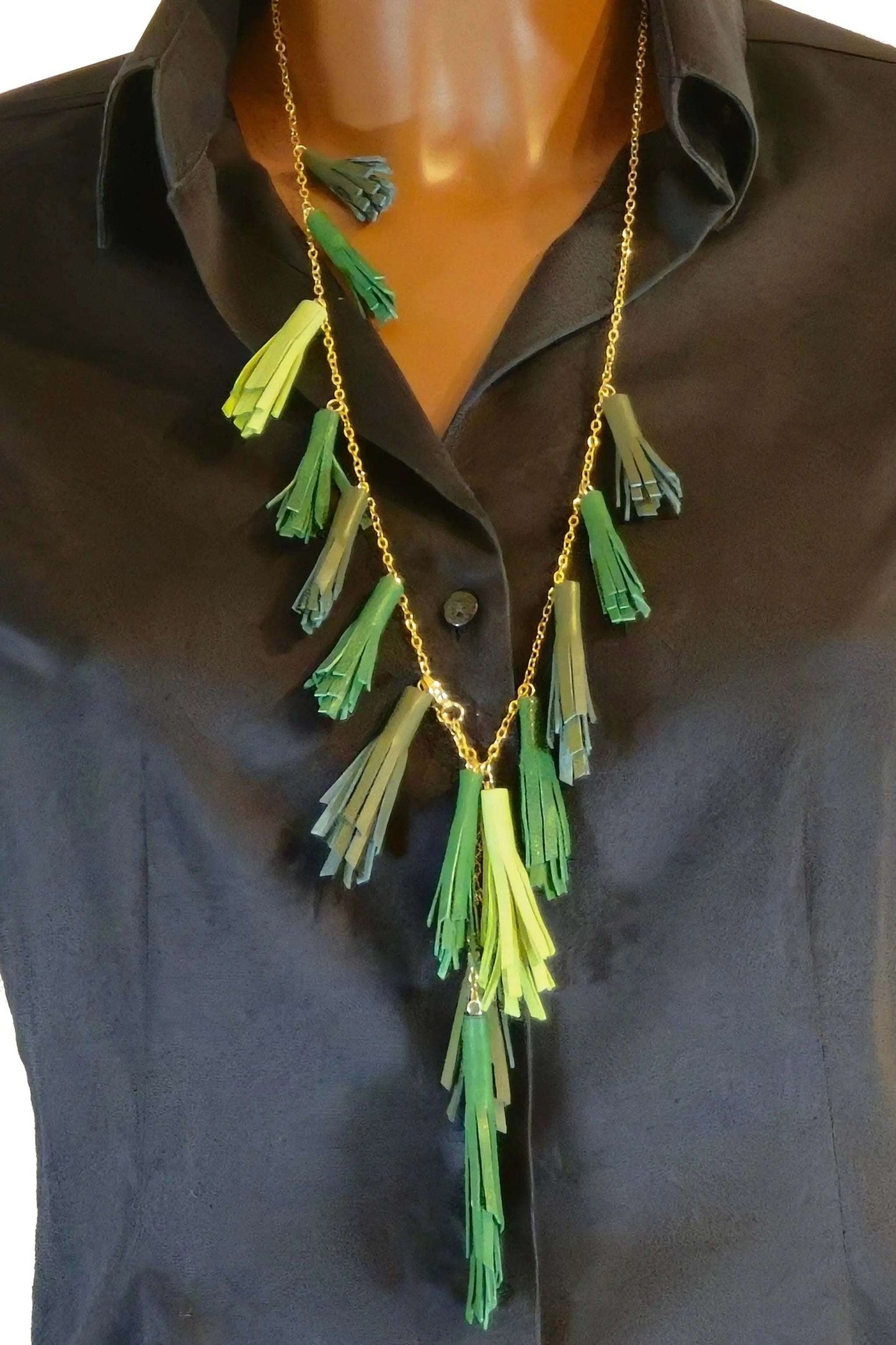 Collana Nappine handmade adjustable necklace with lime and forest green leather tassels on gold chain