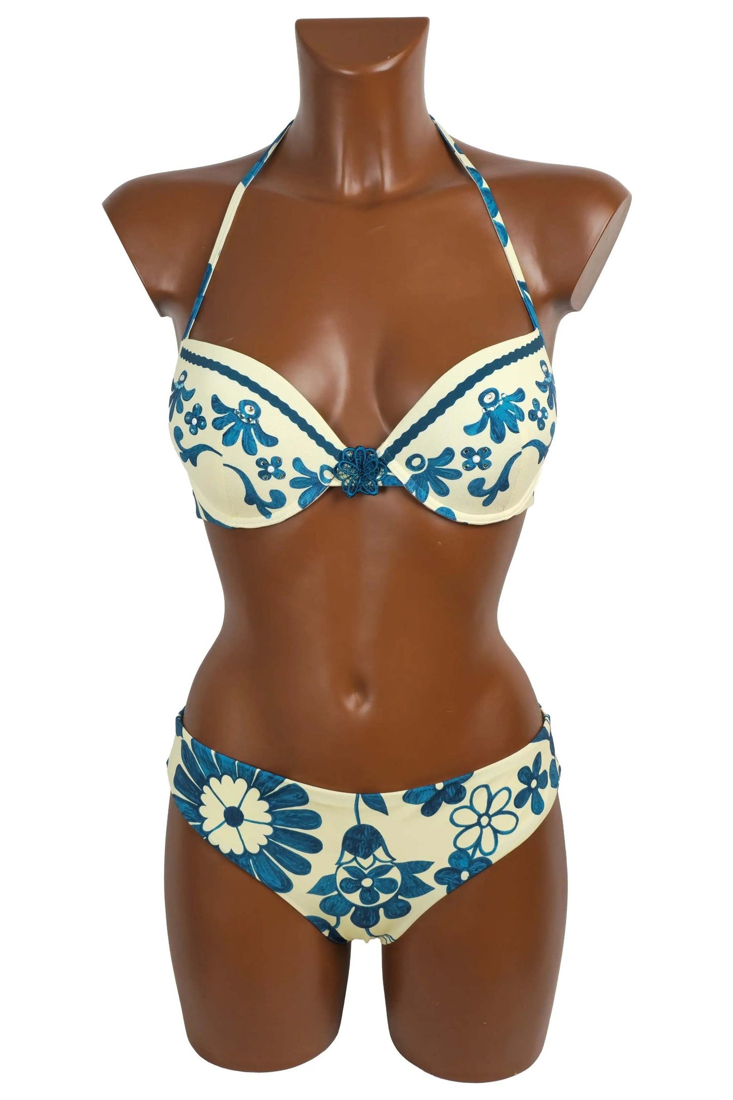 Bikini push up in lycra with blue floral pattern and removable padding on mannequin