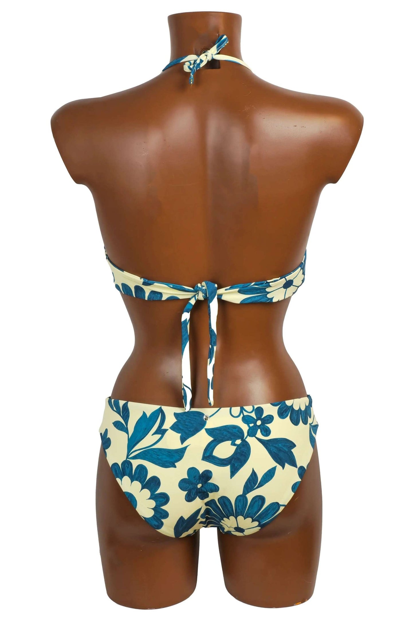Back view of bikini push up set with blue floral pattern on cream background, adjustable neck and back ties, made in Italy
