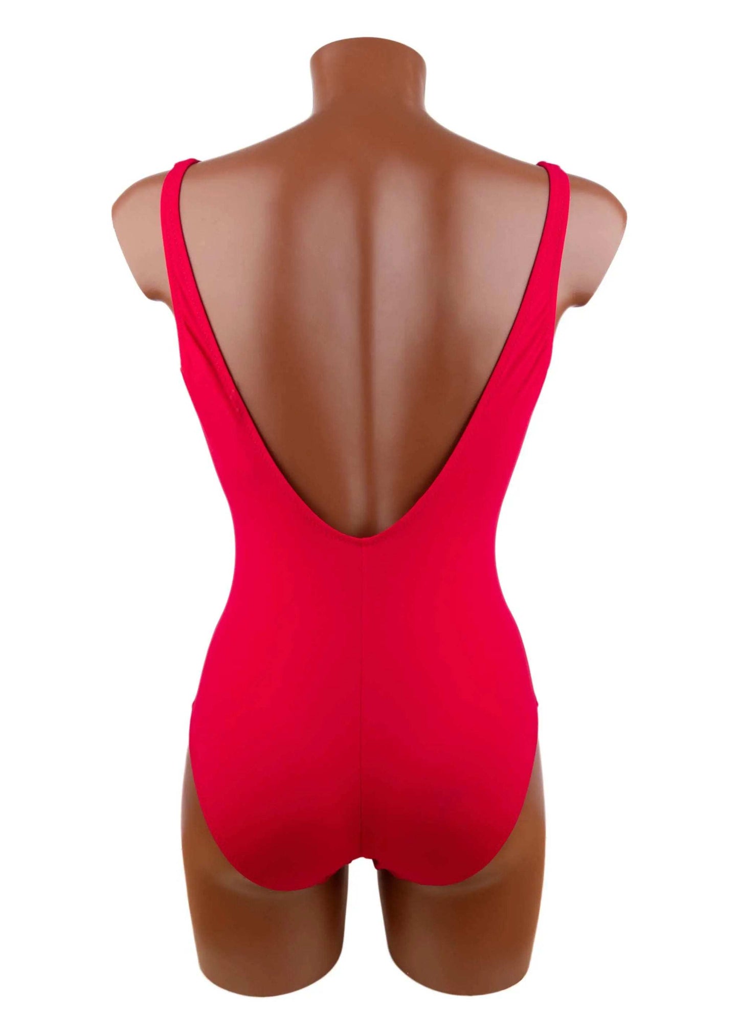 Red Intero Roidal swimsuit with deep back neckline and supportive underbust ruching, nickel-free metal accessory, available in sizes 44-48.
