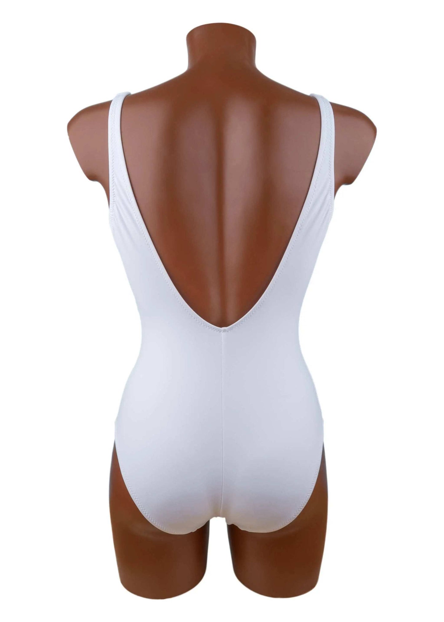 white Intero Roidal swimsuit with deep scoop back and metal accessory on mannequin