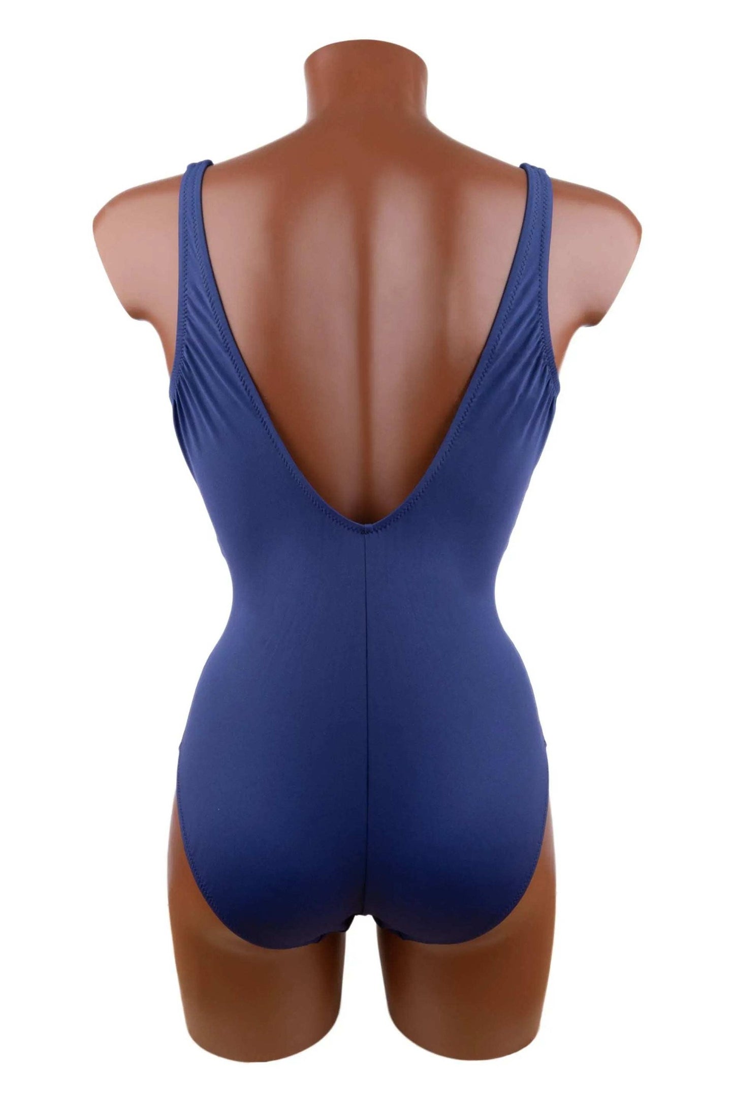 blue Intero Roidal one-piece swimsuit with deep back and supportive ruching on mannequin size 48-50