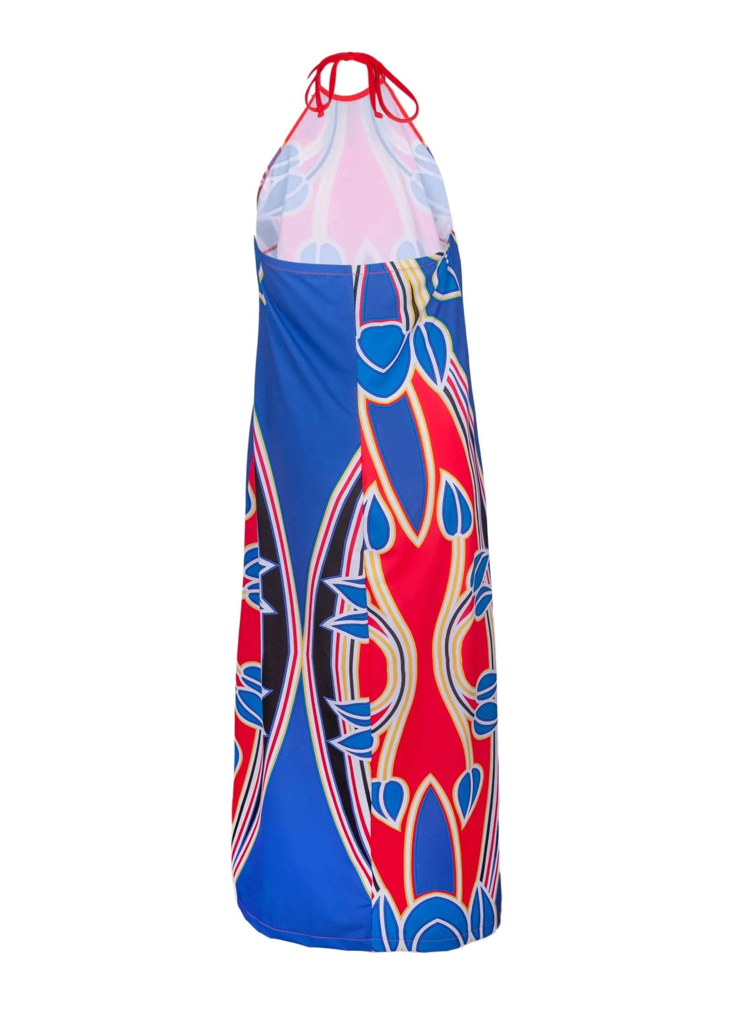 Abito Lungo Valery lycra dress with red and blue floral print, halter neck, and fitted silhouette