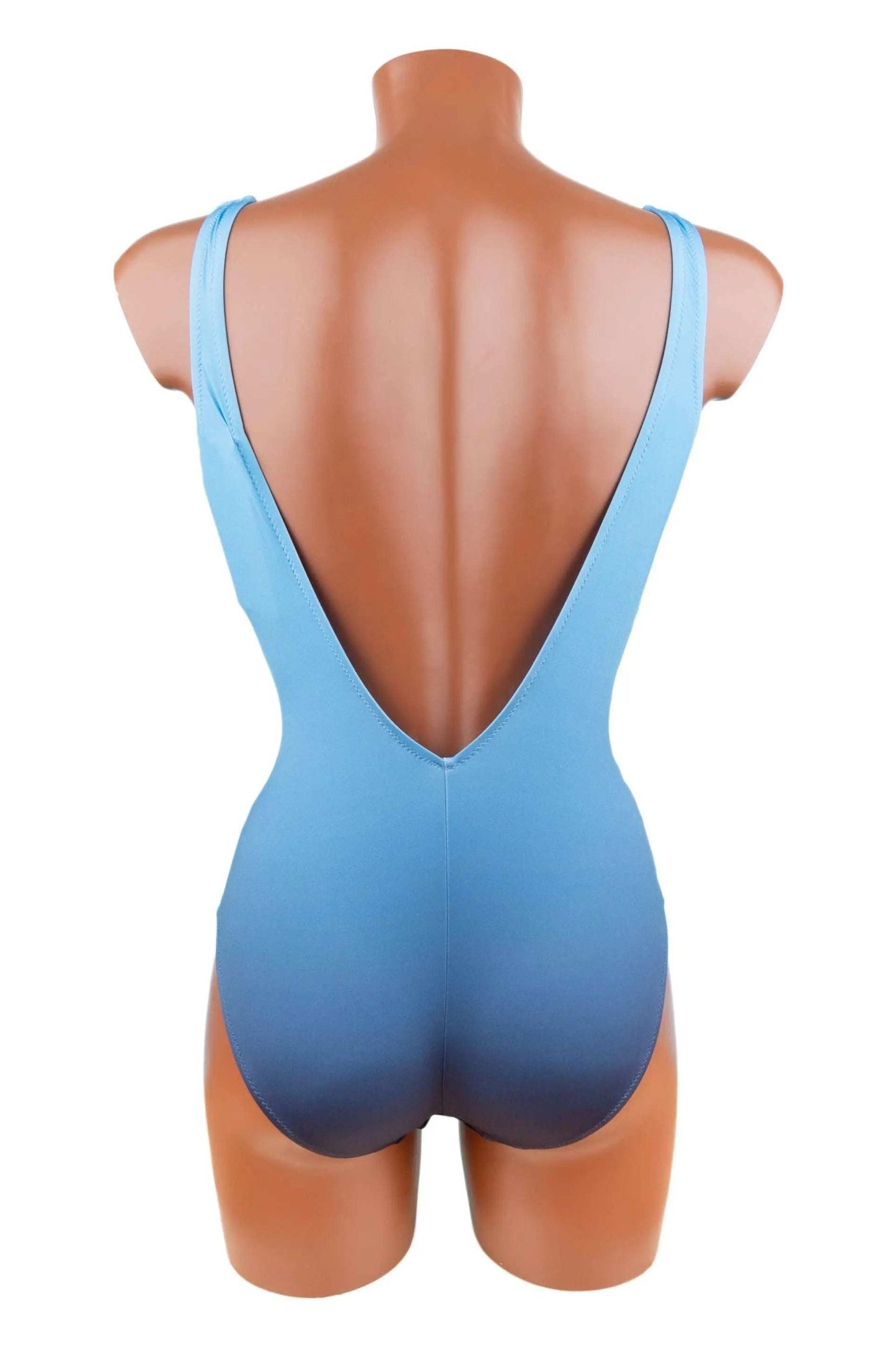 Back view of Intero Roidal scollo a V blue gradient swimsuit on mannequin