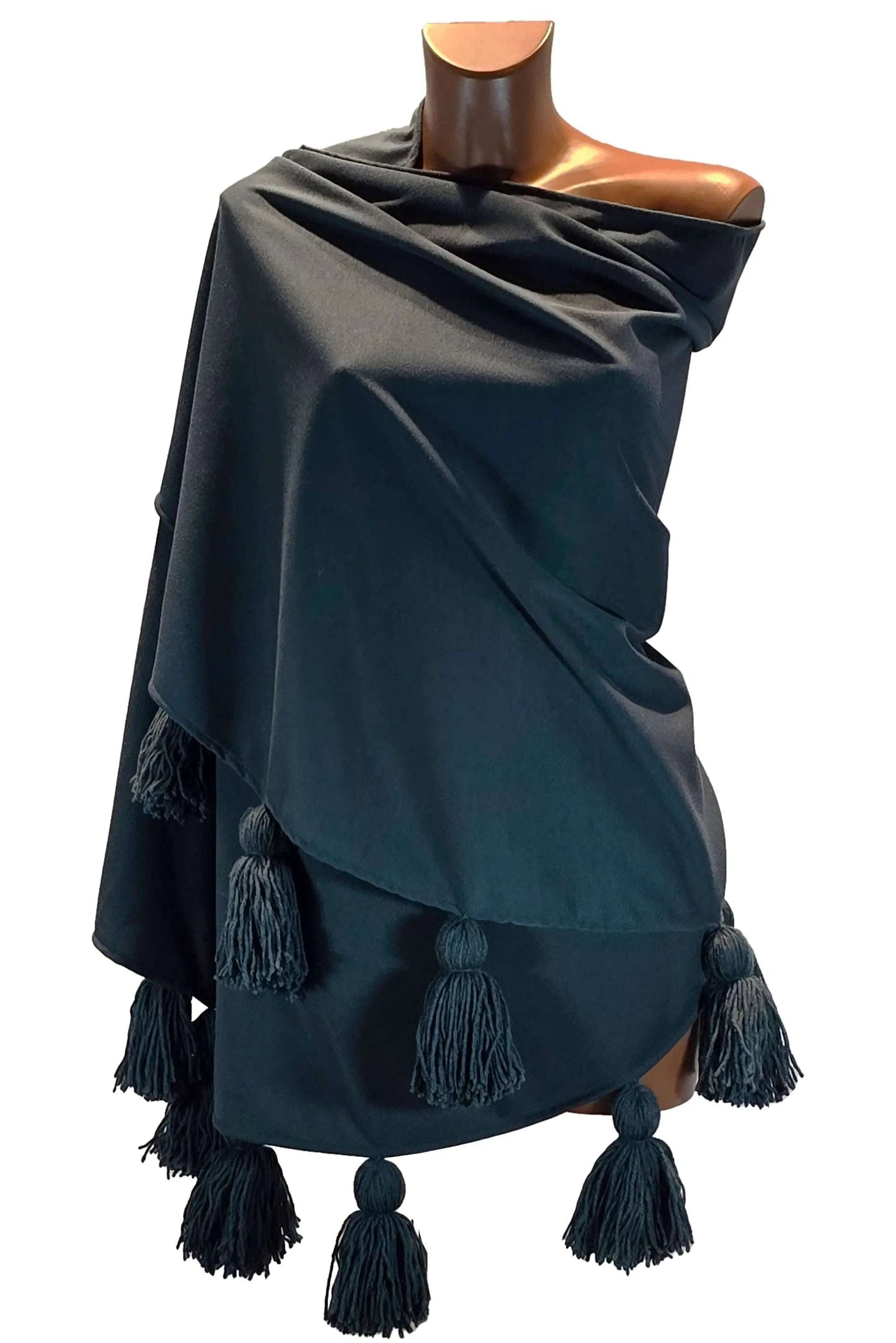 Mantella Vista Mare petrol green viscose shawl with merino wool tassels