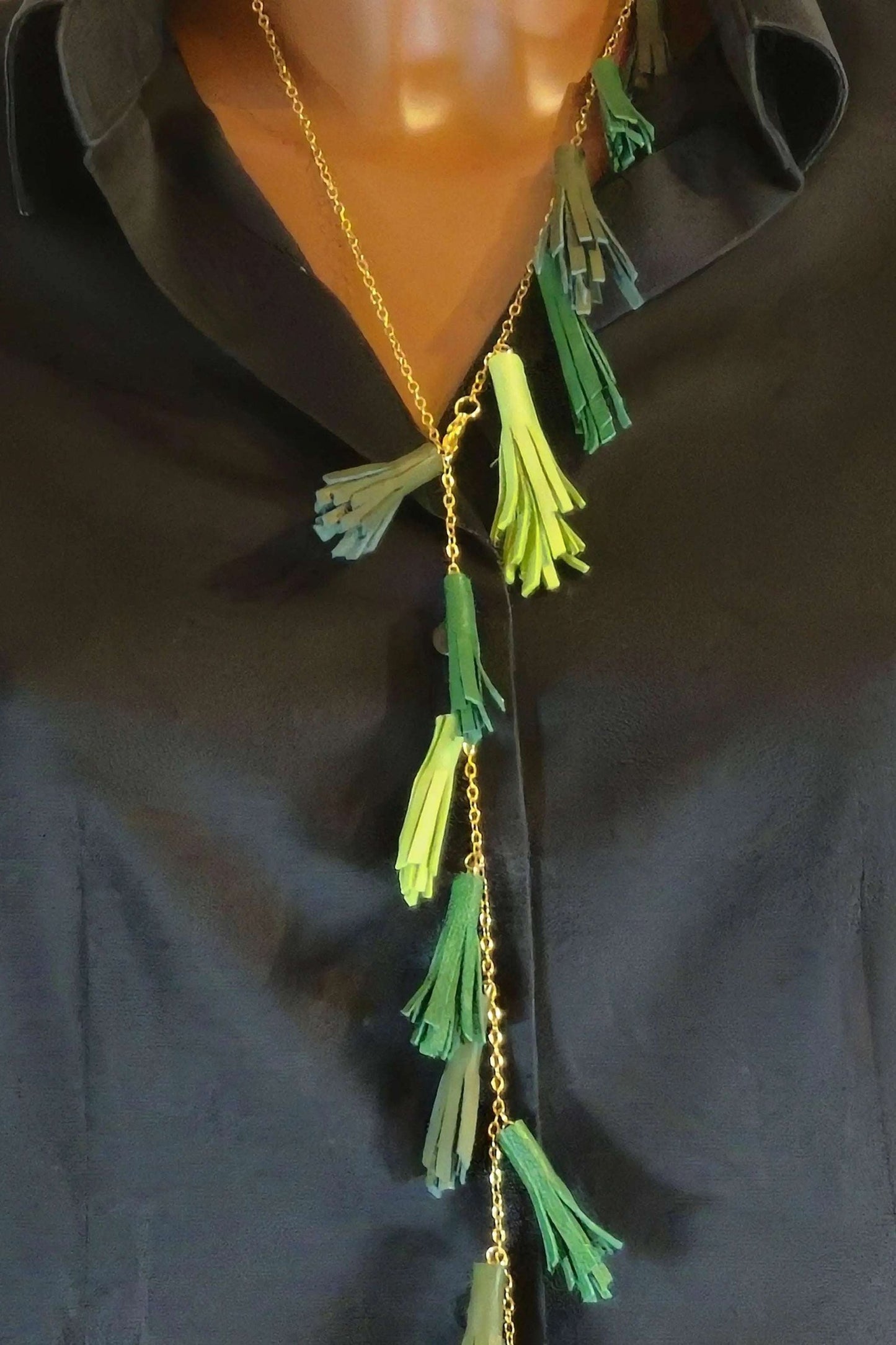 Collana Nappine handcrafted adjustable necklace with lime and forest green leather tassels and hypoallergenic chain