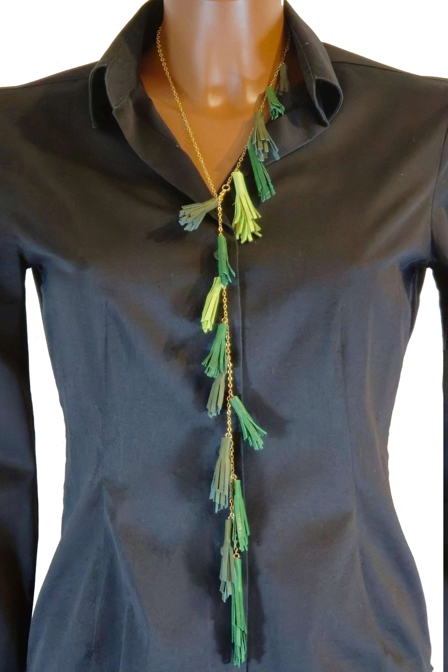 Collana Nappine adjustable handmade necklace with lime and forest green leather tassels on hypoallergenic steel chain