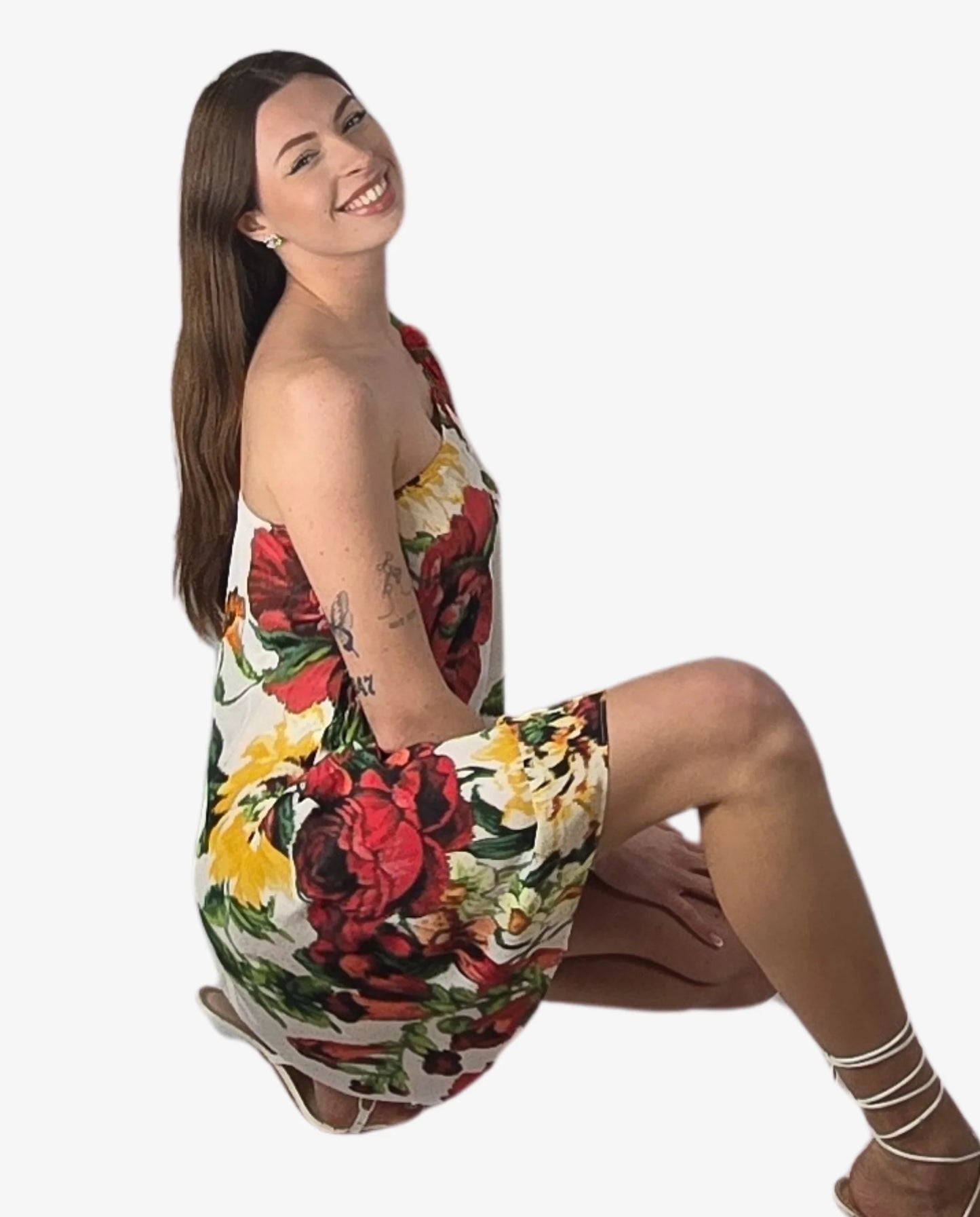 Abito Monospalla Fantasia Floreale Bianco Rosso Cruise Collection