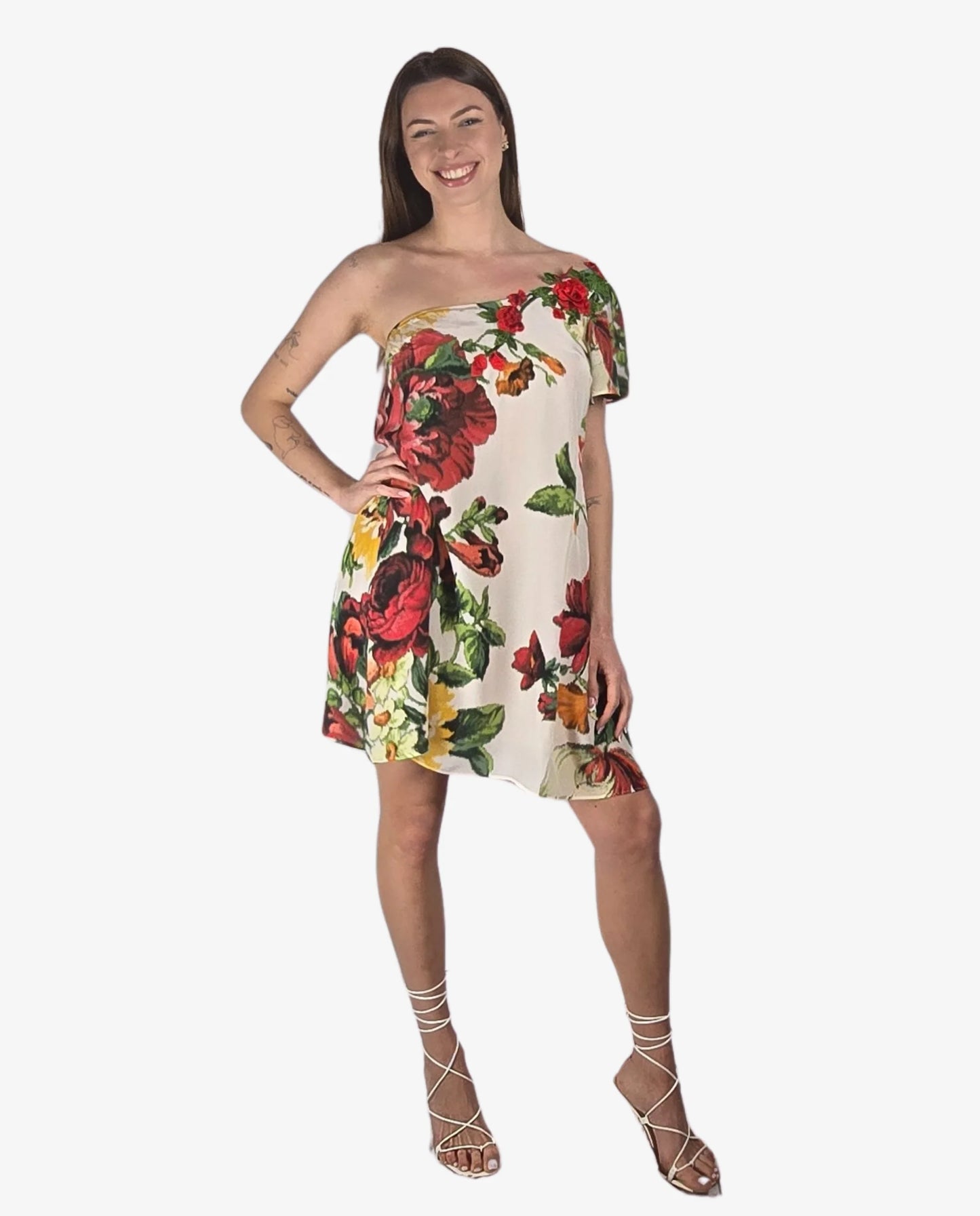 Abito Monospalla Fantasia Floreale Bianco Rosso Cruise Collection