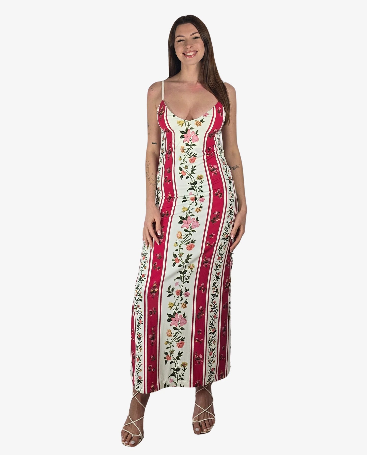 Abito Lungo Righe Floreali Rosso Bianco Cruise Collection