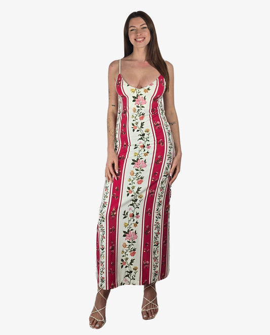 Abito Lungo Righe Floreali Rosso Bianco Cruise Collection