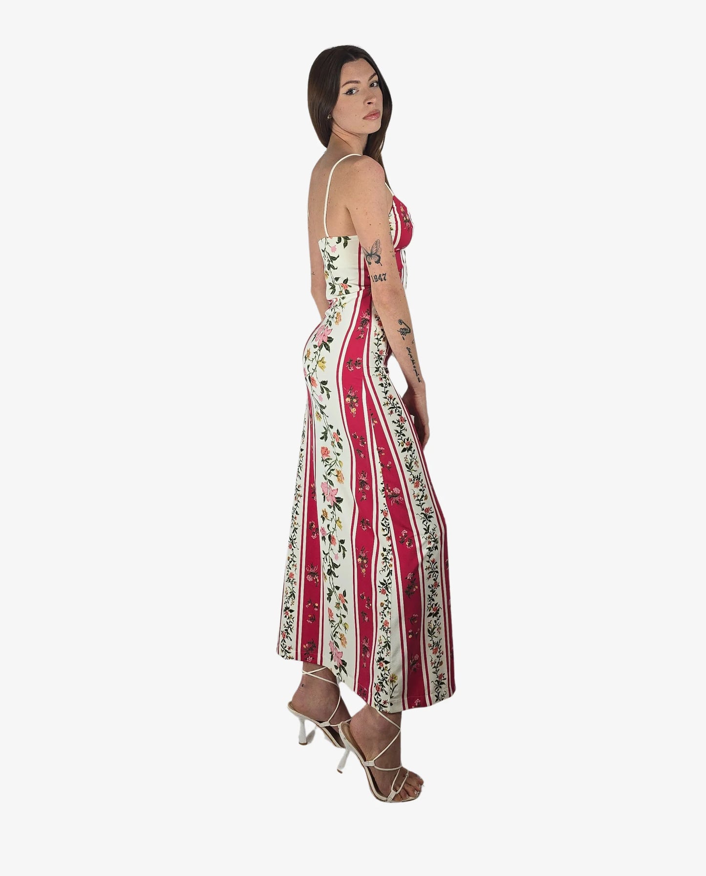 Abito Lungo Righe Floreali Rosso Bianco Cruise Collection