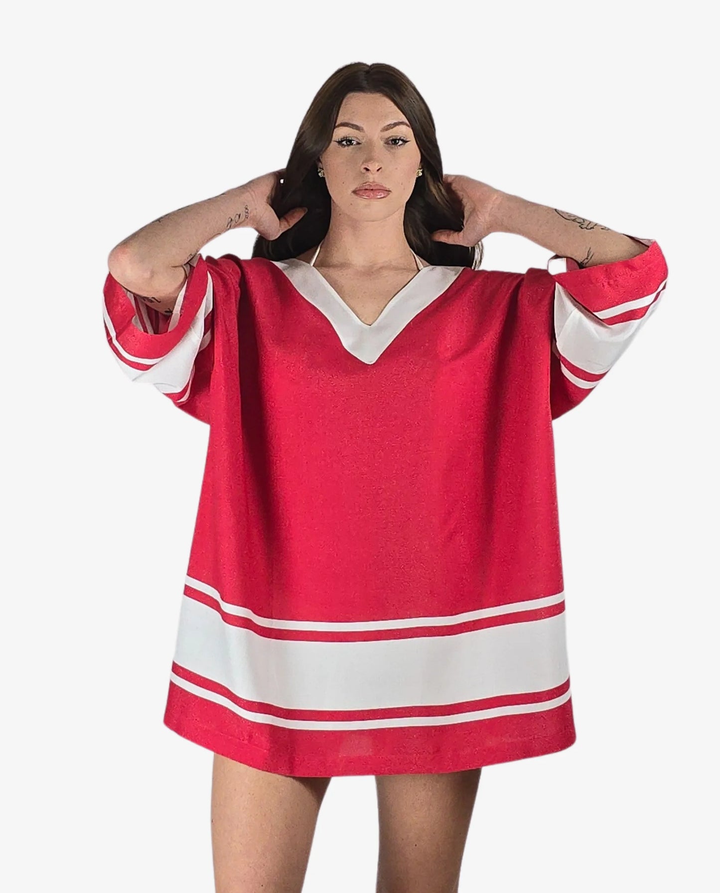 Caftano Corto Lurex Rosso Bianco Righe Cruise Collection