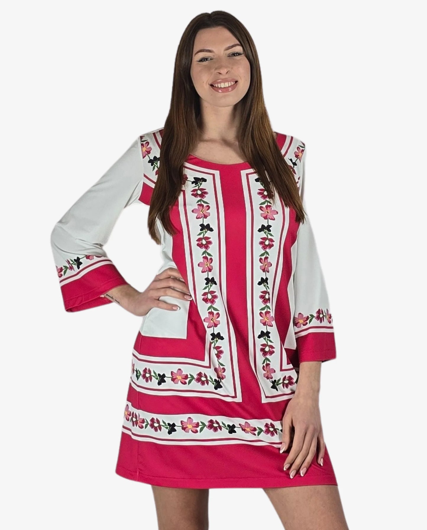 Abito Lycra Manica 3/4 Pannelli Rosso Bianco Floreali Cruise Collection