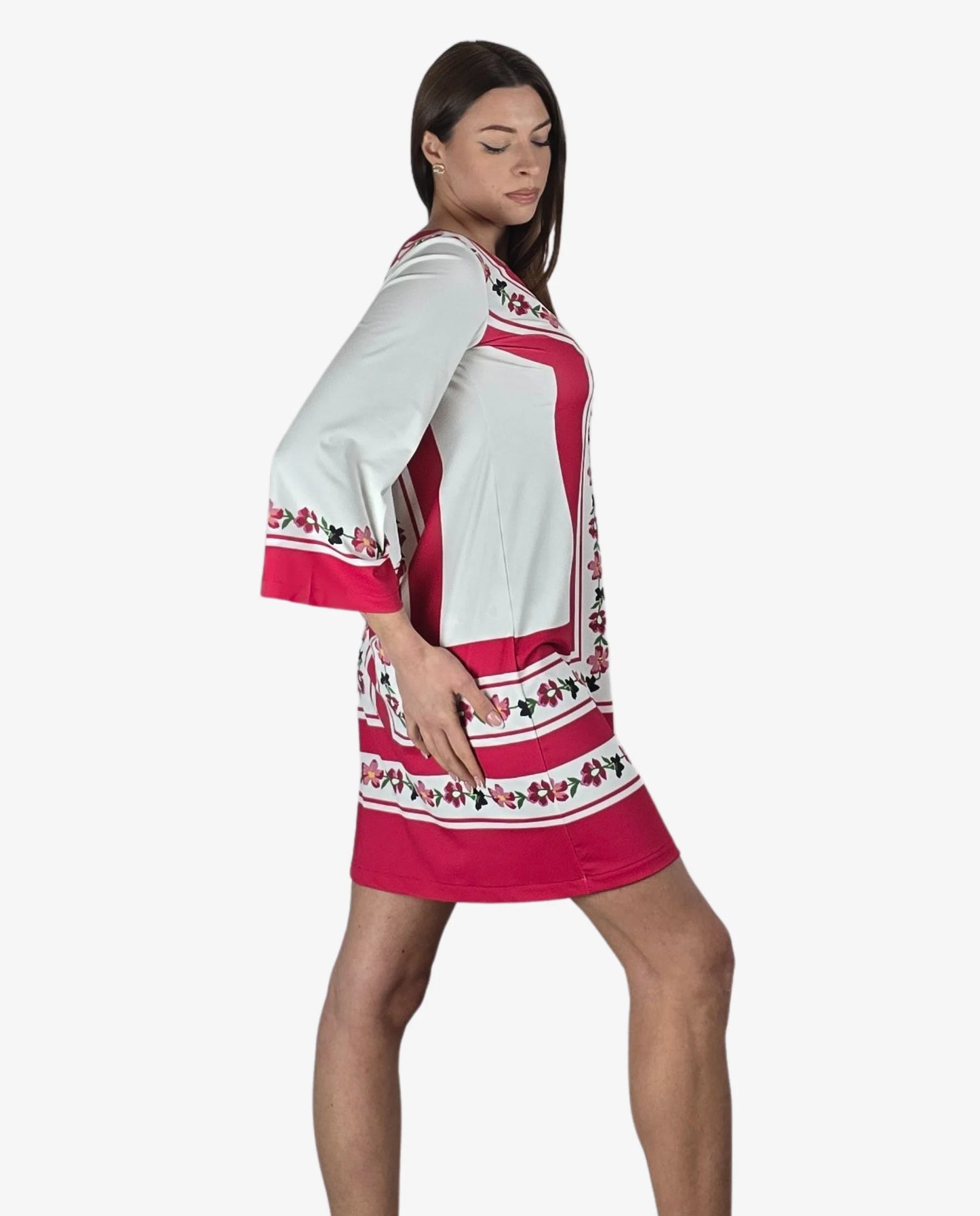 Abito Lycra Manica 3/4 Pannelli Rosso Bianco Floreali Cruise Collection