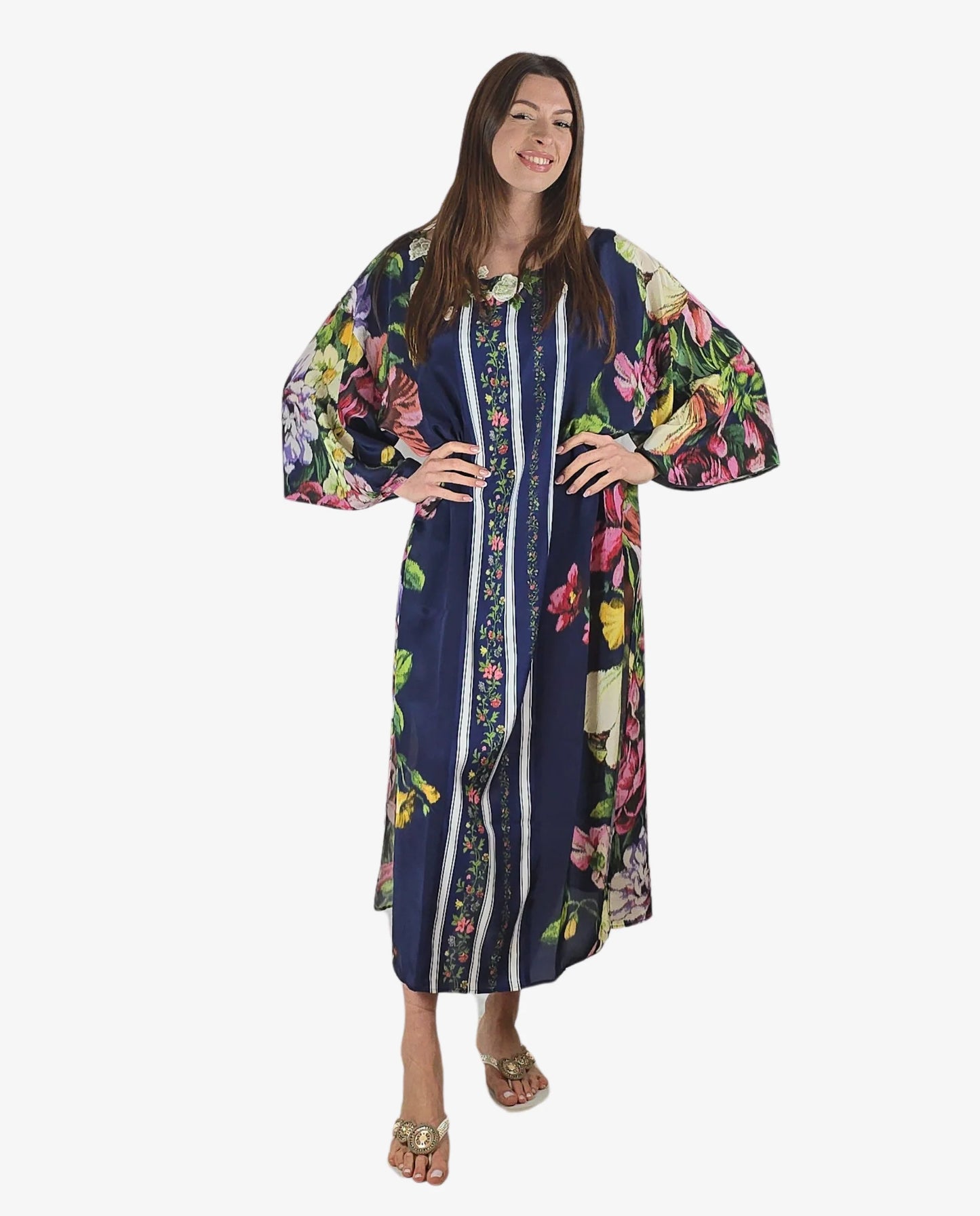 Poncho Lungo Fantasia Floreale Blu Cruise Collection