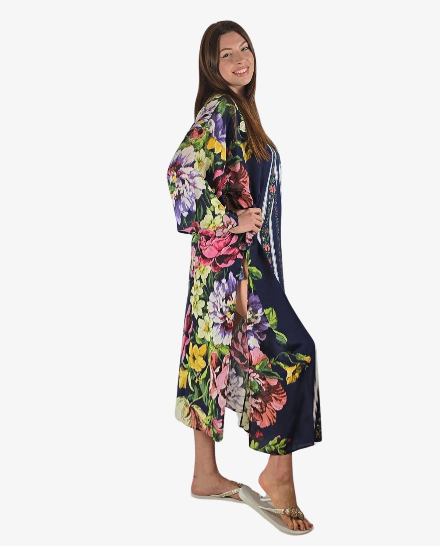 Poncho Lungo Fantasia Floreale Blu Cruise Collection