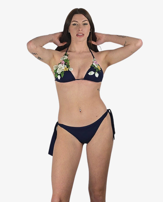 Bikini Triangolo Blu Fiori 3D Macramè Cruise Collection