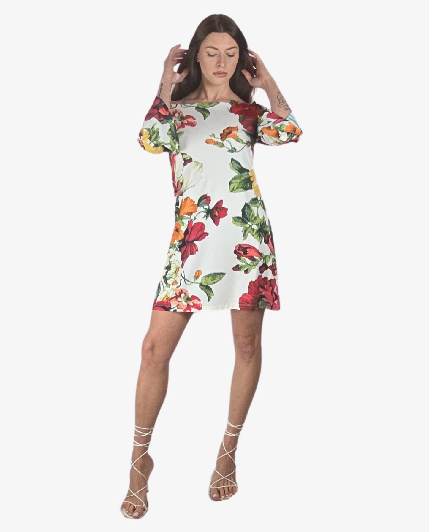 Abito Scollo Barca Fantasia Floreale Bianco Rosso Cruise Collection