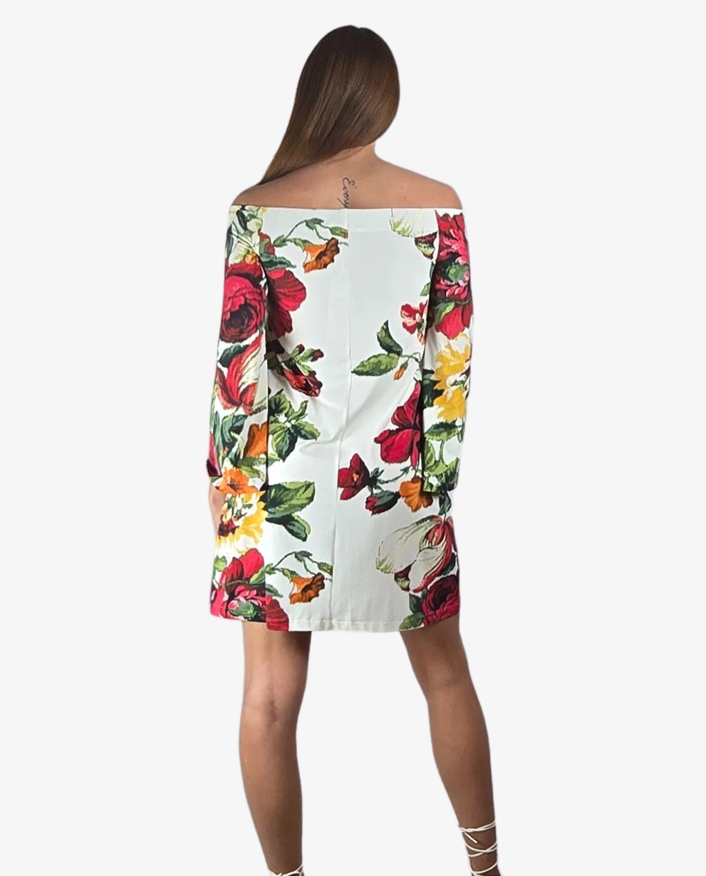 Abito Scollo Barca Fantasia Floreale Bianco Rosso Cruise Collection