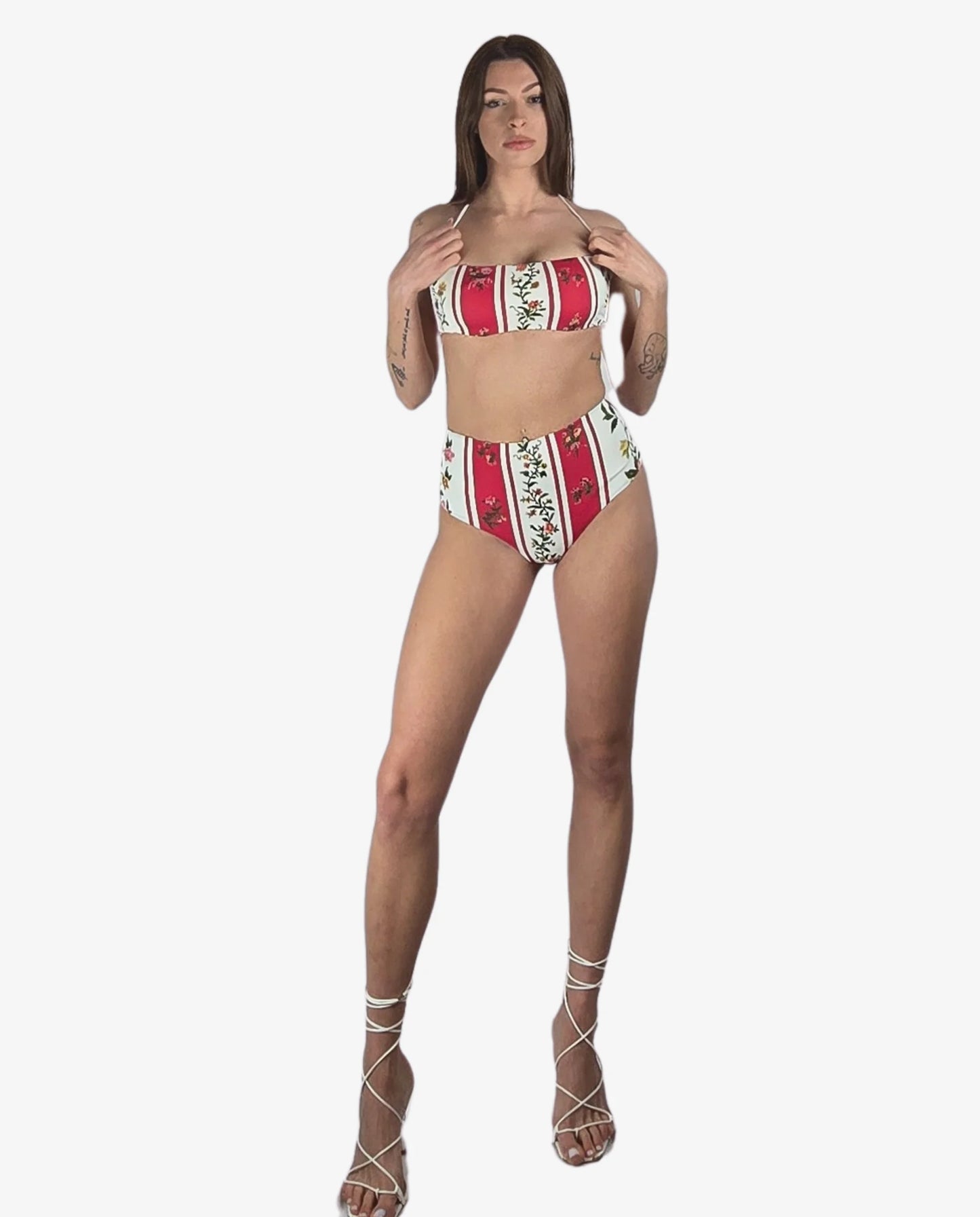 Bikini Fascia Ferretto Righe Floreali Rosso Bianco Cruise Collection