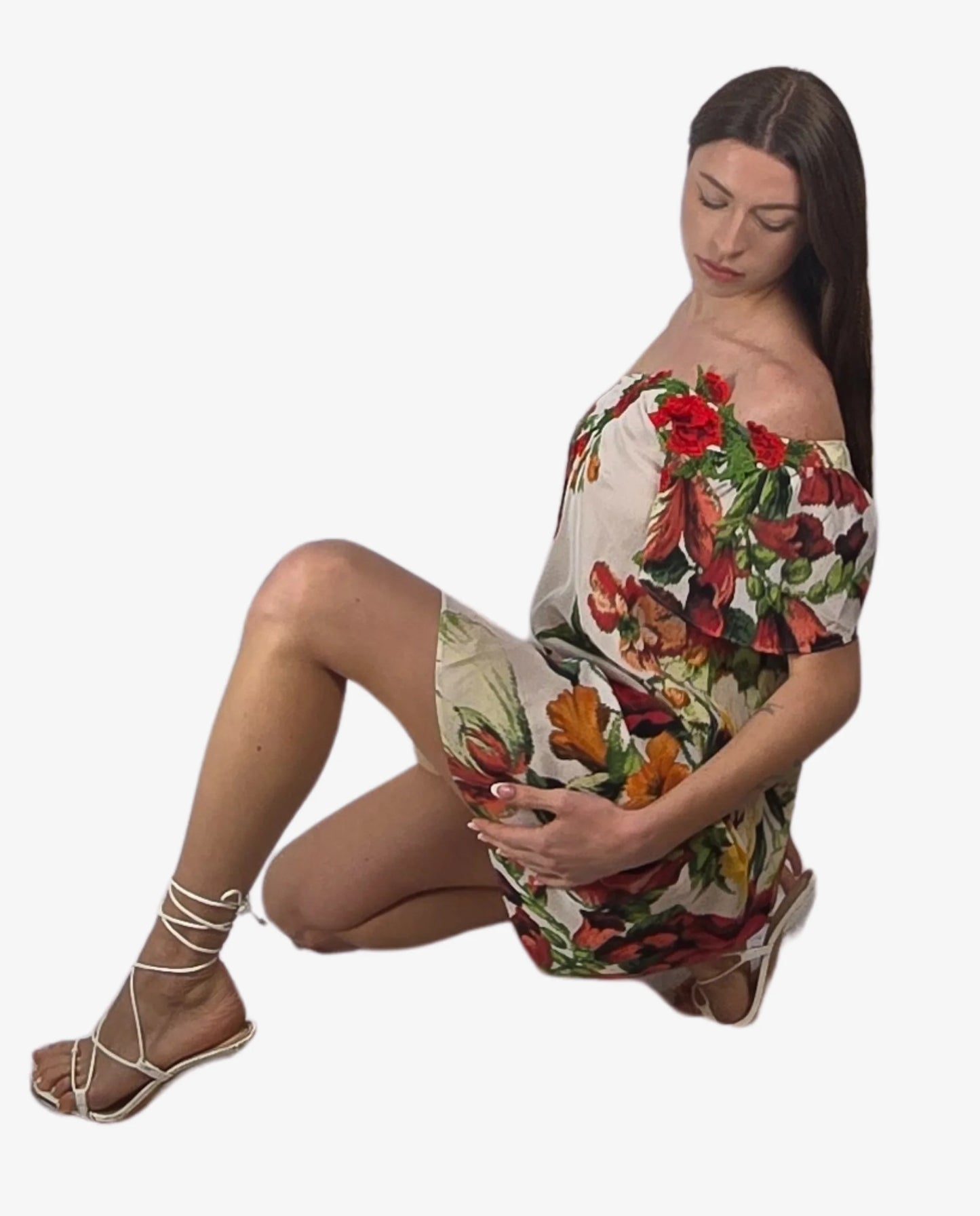 Abito Monospalla Fantasia Floreale Bianco Rosso Cruise Collection