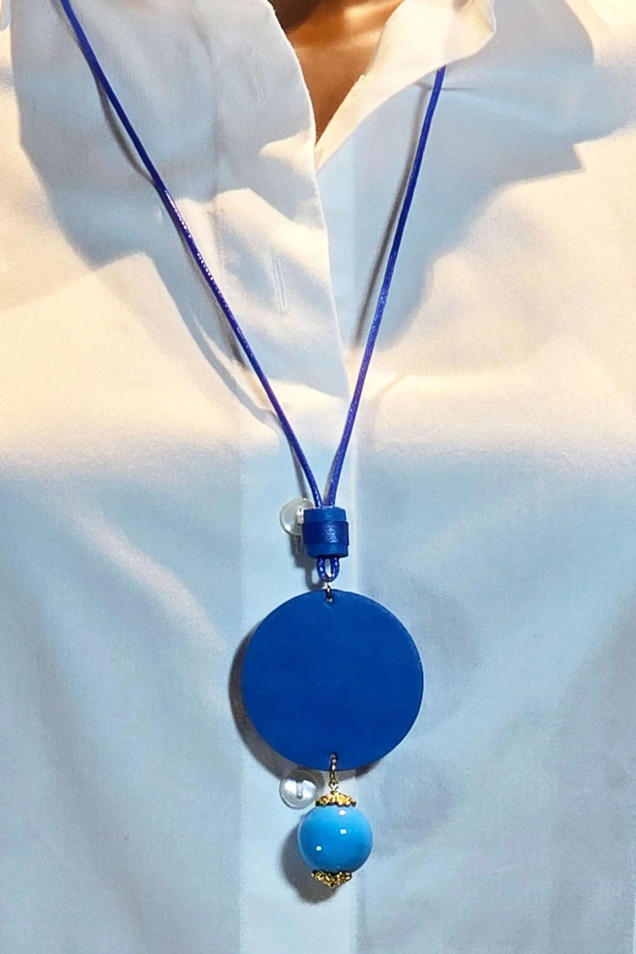 Blue Jewel collana handmade blue ceramic pendant with adjustable leather cord necklace