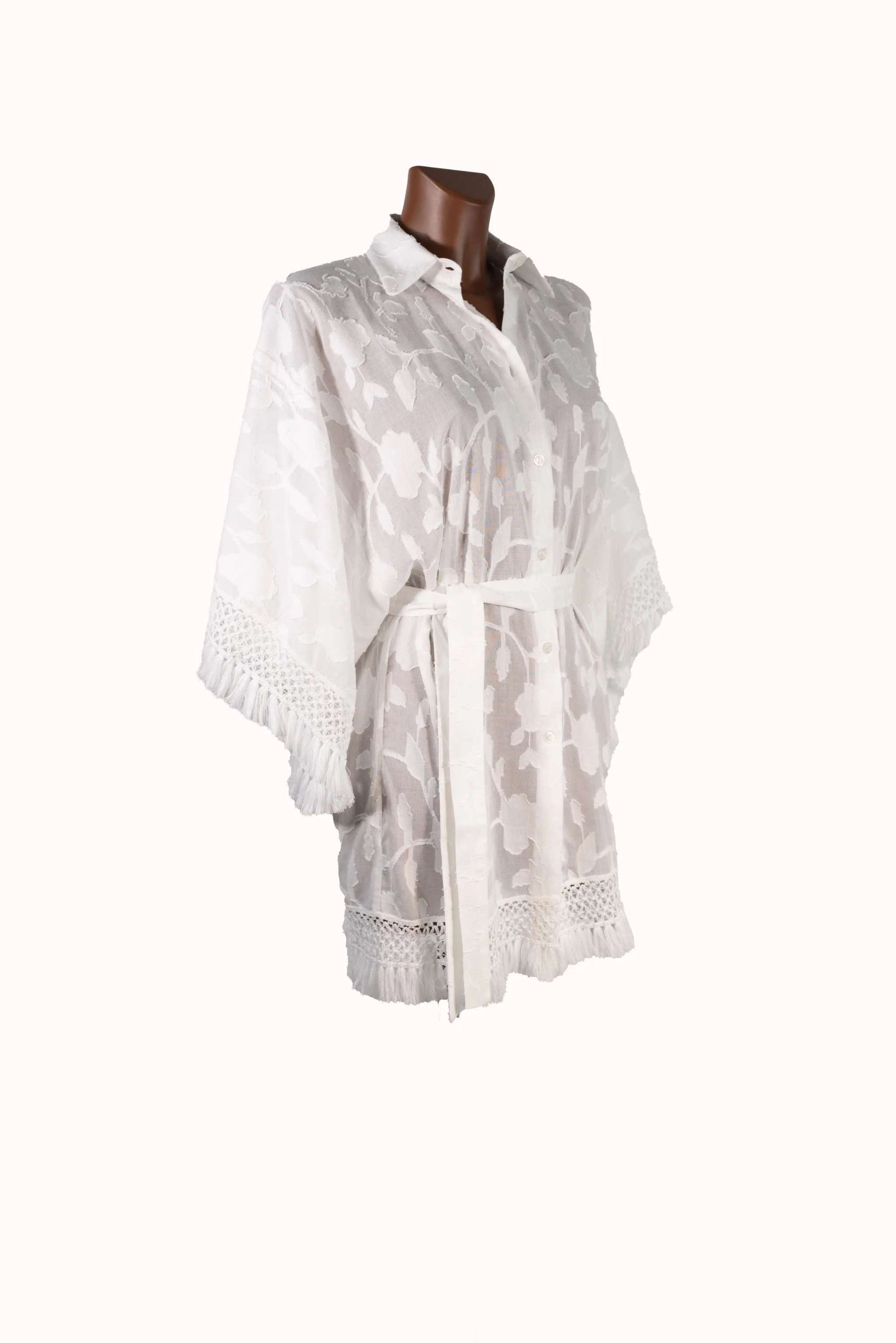 Kimono Corto white Fil Coupè fabric short kimono with tassel trim made in Italy