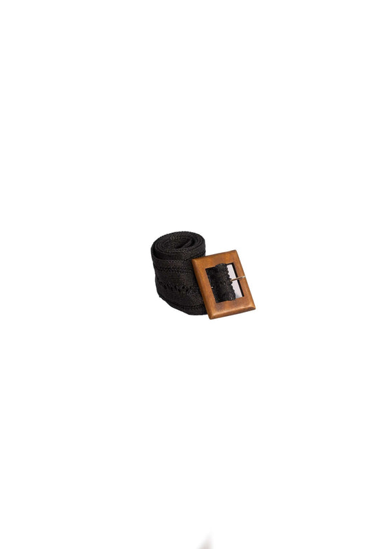 Cintura black fabric belt with wooden effect buckle, 104 cm length, 7 cm height