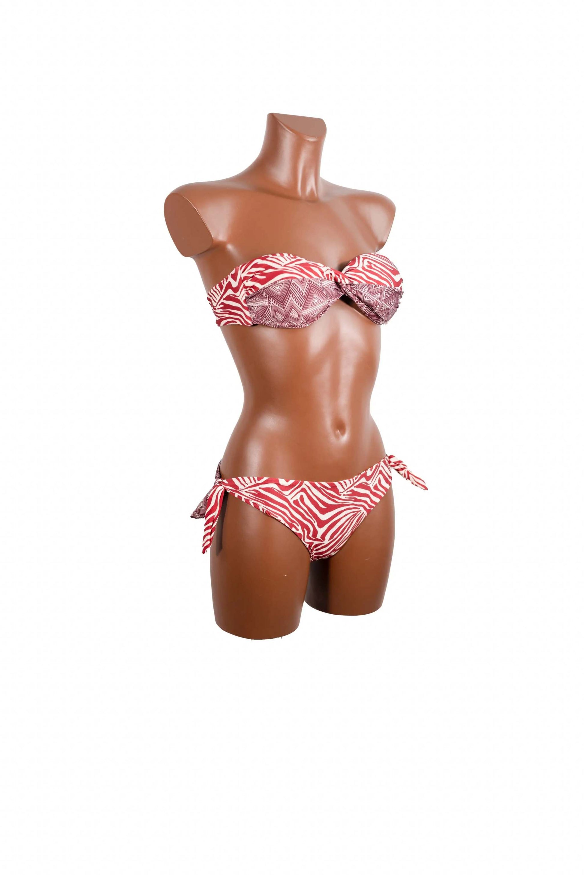 Bikini Fascia bandeau with removable straps and adjustable side-tie bottoms in red and white pattern