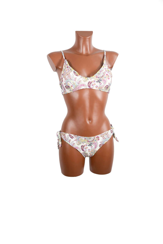 Bikini bralette with adjustable straps and removable padding, colorful trim, and side-tie double-lined bottoms, made in Italy