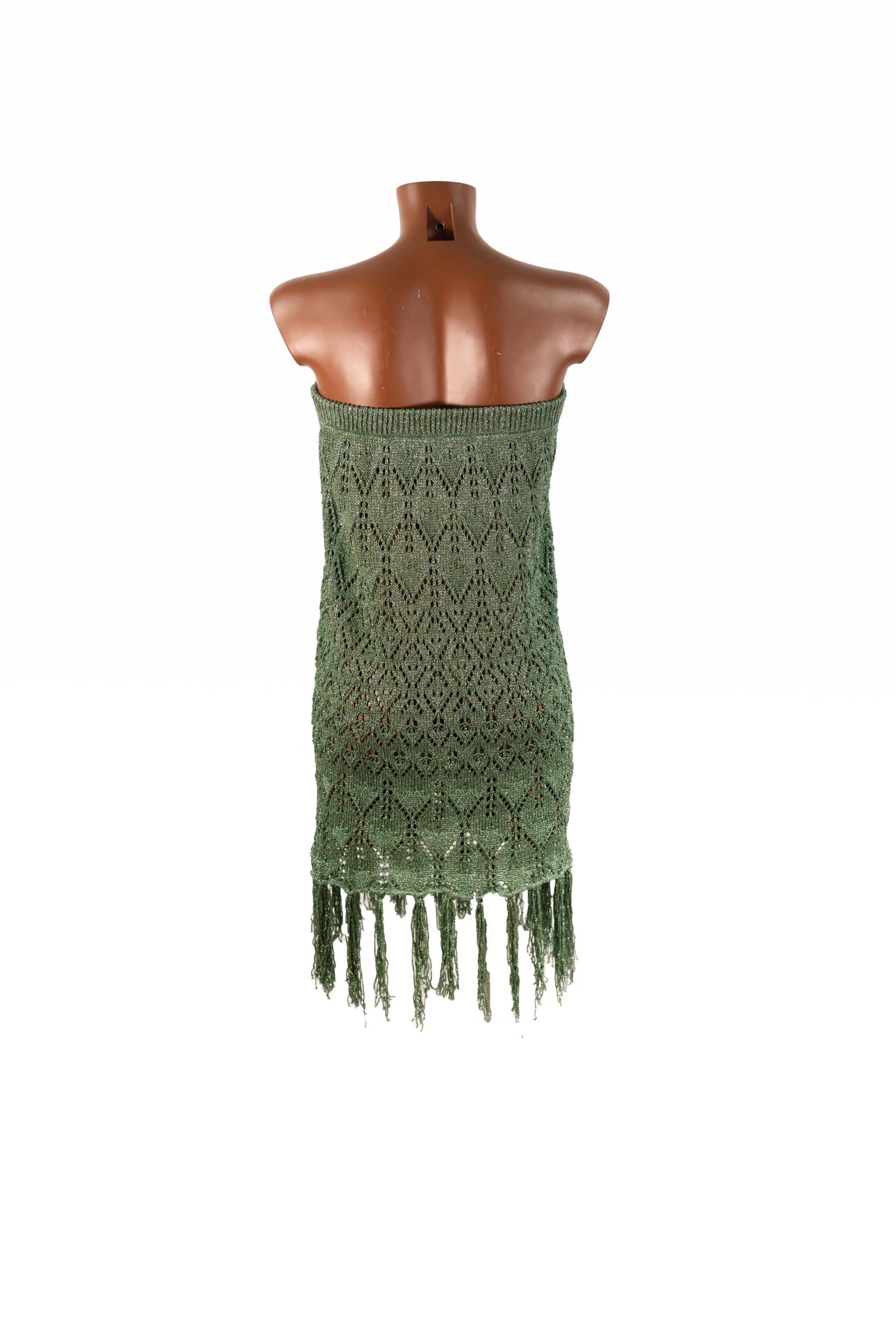 Gonna verde in lurex con frange, versatile come gonna o mini abito elasticizzato in viscosa