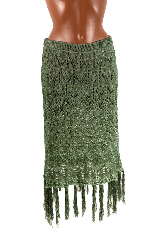 Gonna in lurex verde con maglia di viscosa elastica e frange alla base