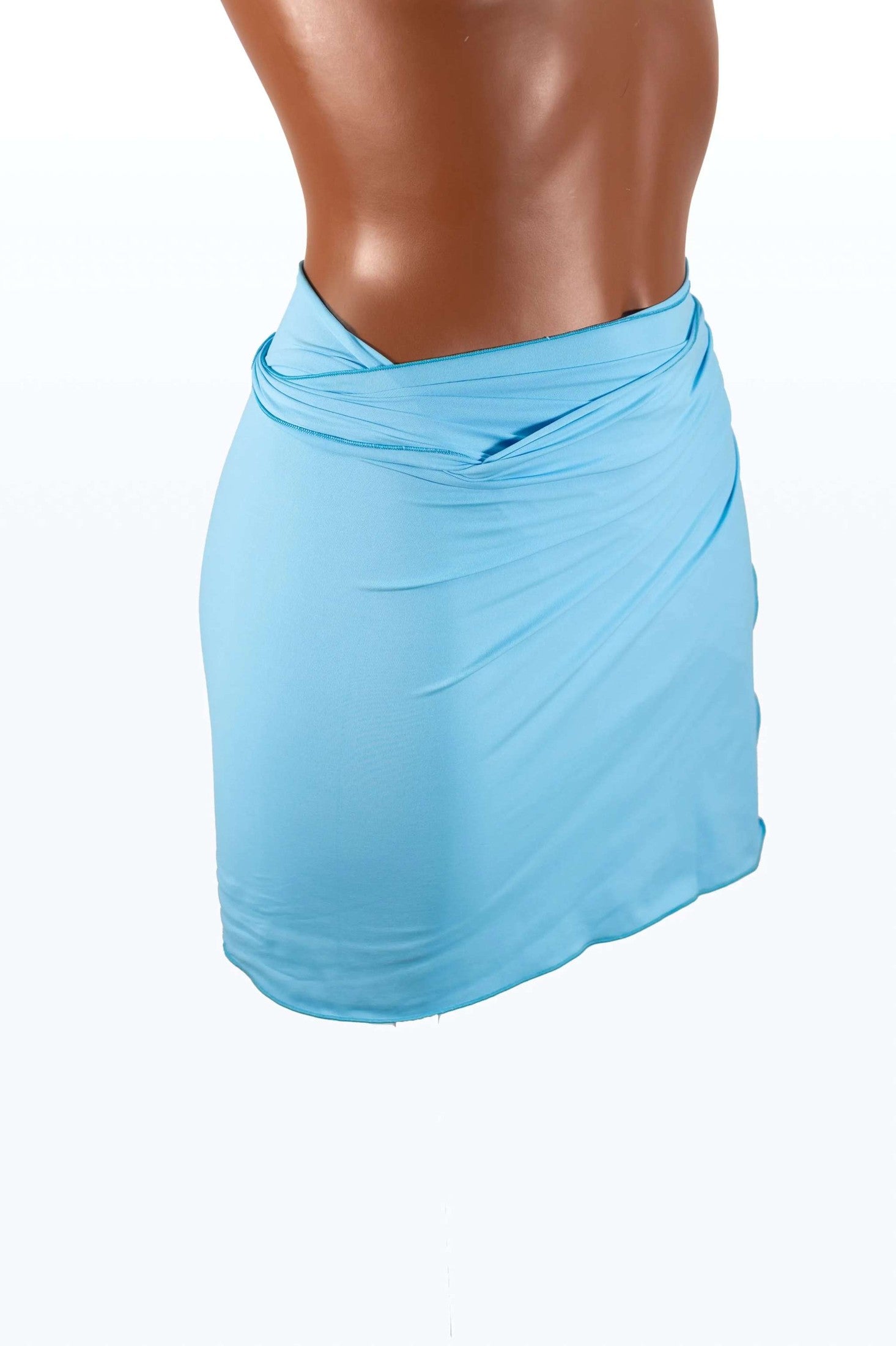 Light blue mini pareo in lycra on mannequin, made in Italy, one size, versatile beachwear cover-up