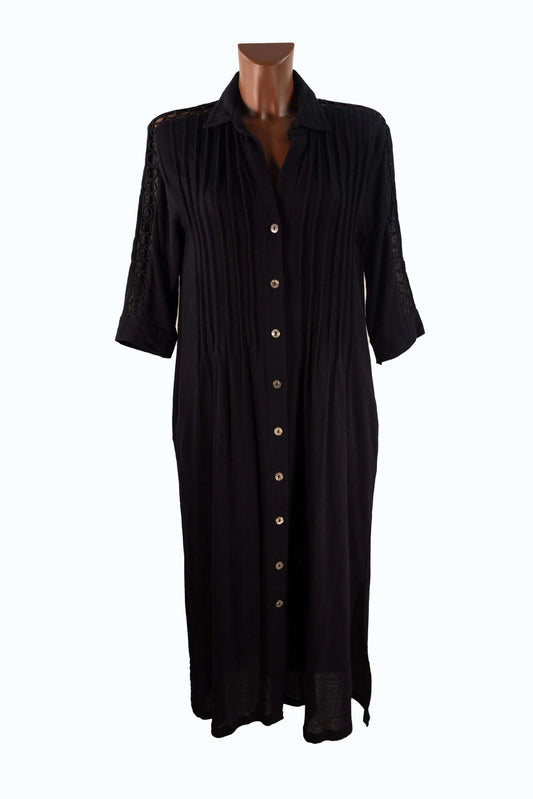 Long black abito camicia shirt dress with 3/4 sleeves, detailed craftsmanship