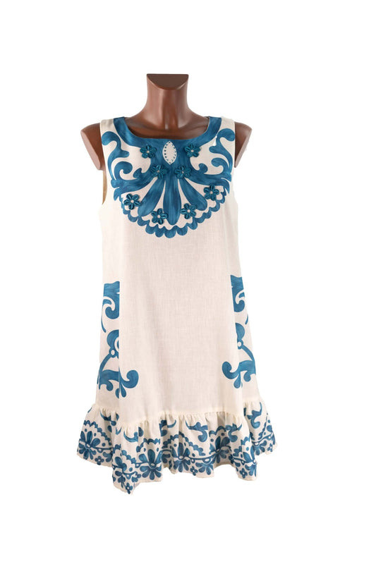 Abito corto smanicato riciclato con strass e pizzo blu made in Italy