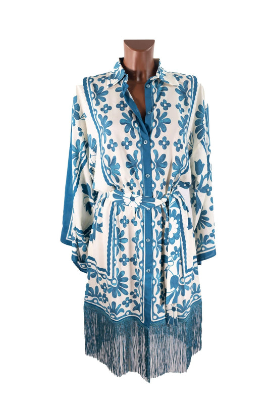 Camicione with blue floral print, lurex fringes, kimono sleeves, and belt in fresh viscose, Made in Italy