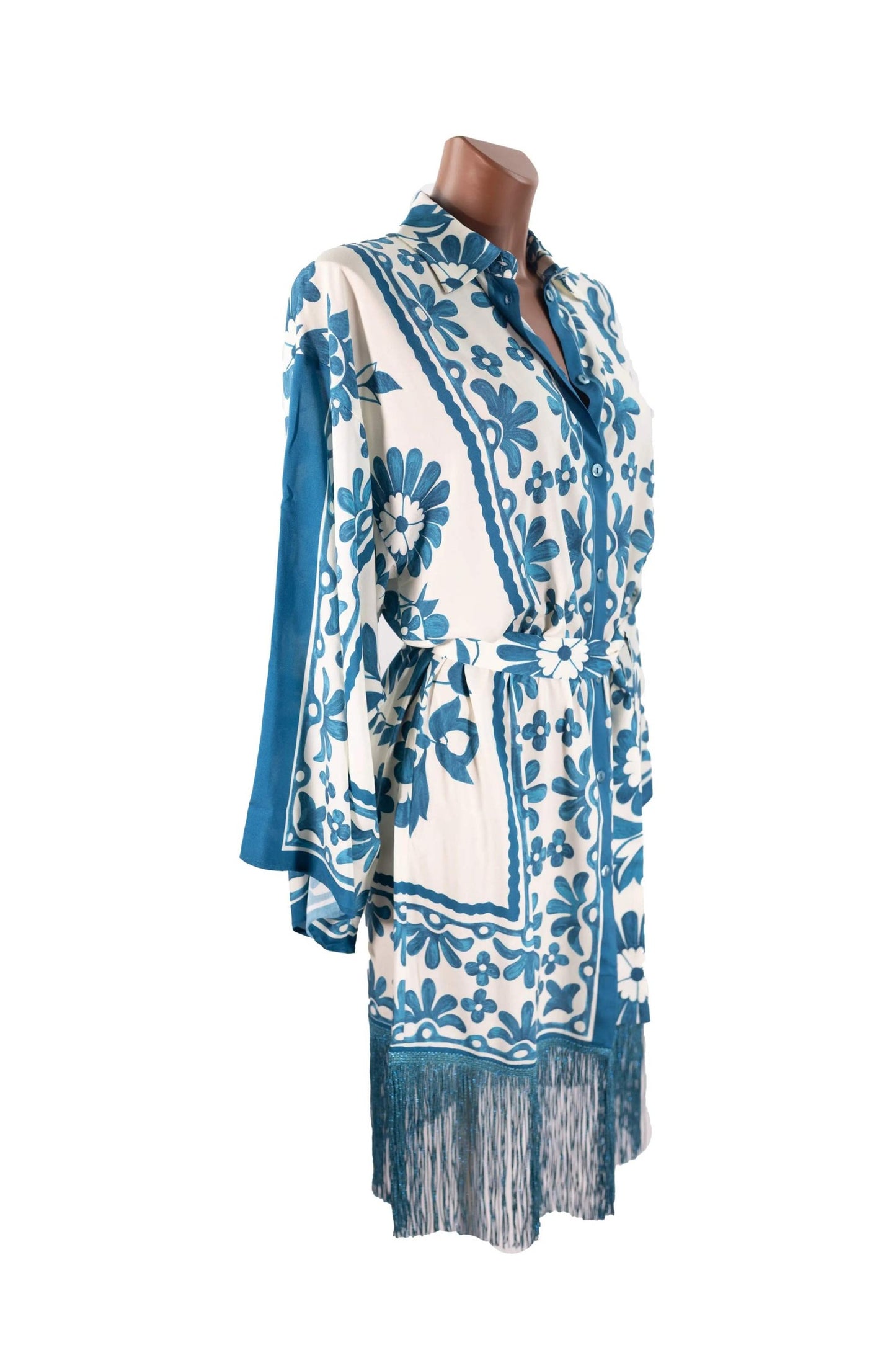Camicione in viscose with blue floral pattern, kimono sleeves, lurex fringes, made in Italy