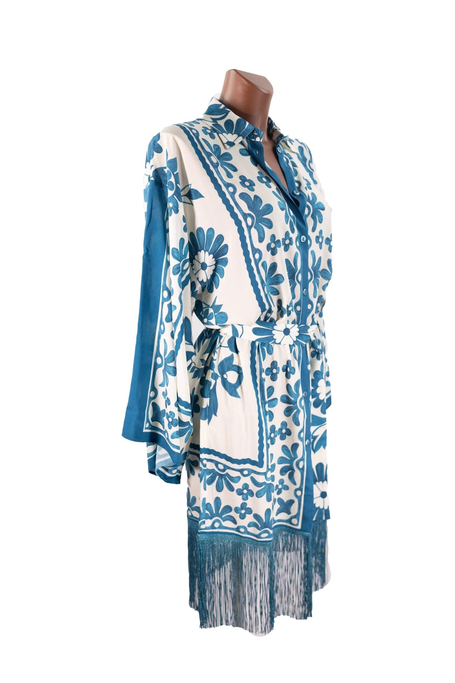 Camicione in viscose with blue floral pattern, kimono sleeves, lurex fringes, made in Italy