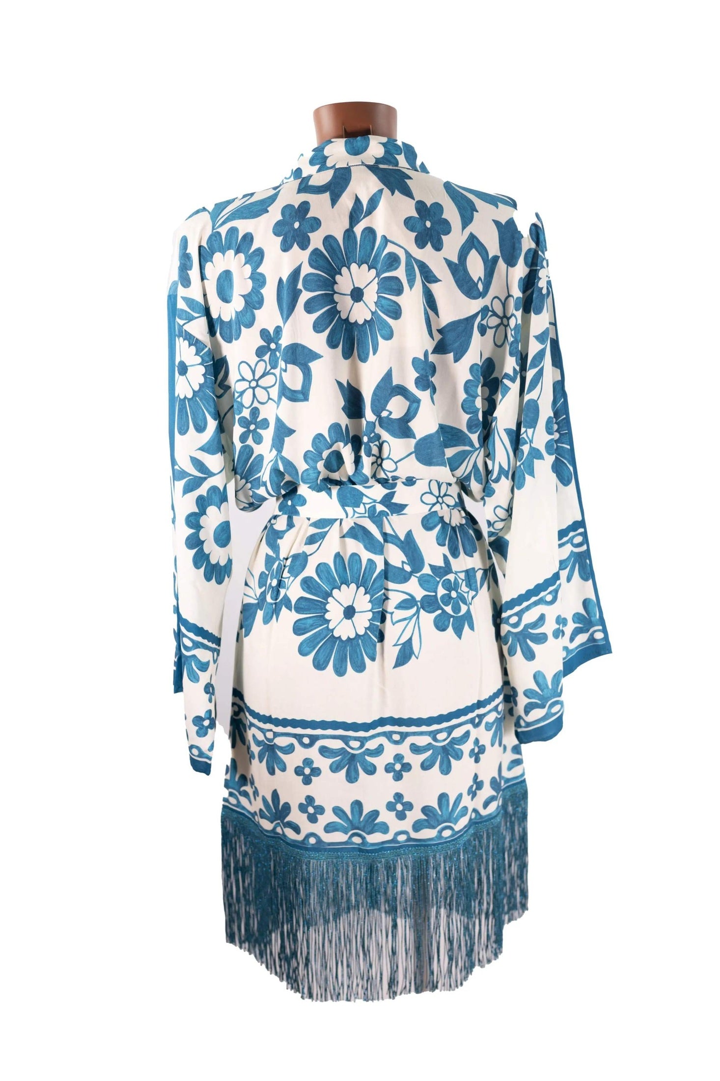 Camicione in viscose with blue floral print, kimono sleeves, and lurex fringes, made in Italy
