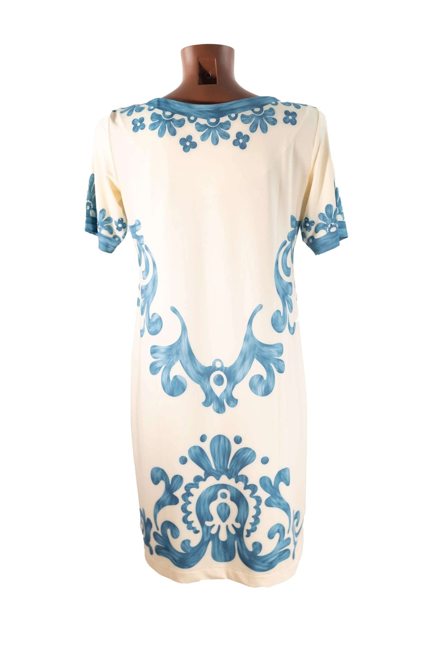 Abito corto in Lycra con strass e fantasia floreale blu Made in Italy